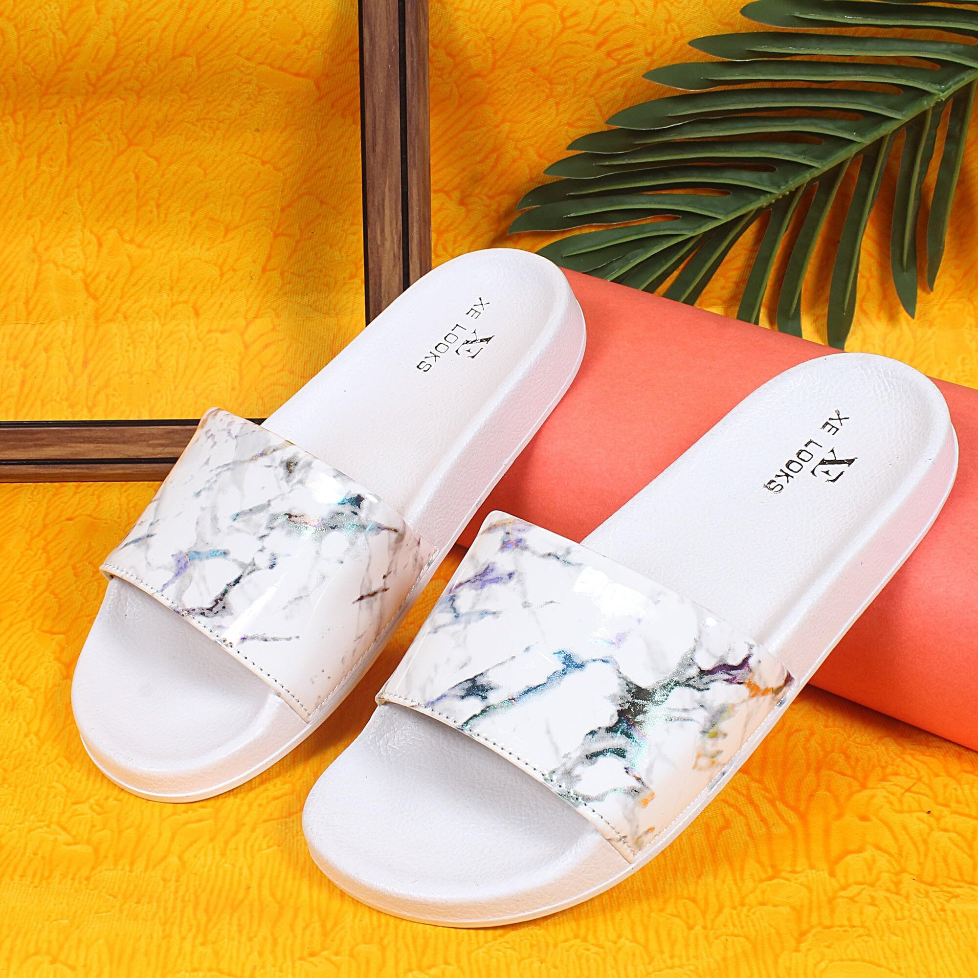 Xe Looks Women's White Flip-Flops With Glossy Marble Print | Stylish And Comfortable Slip-On | Lightweight Flip-Flops For Girls & Women