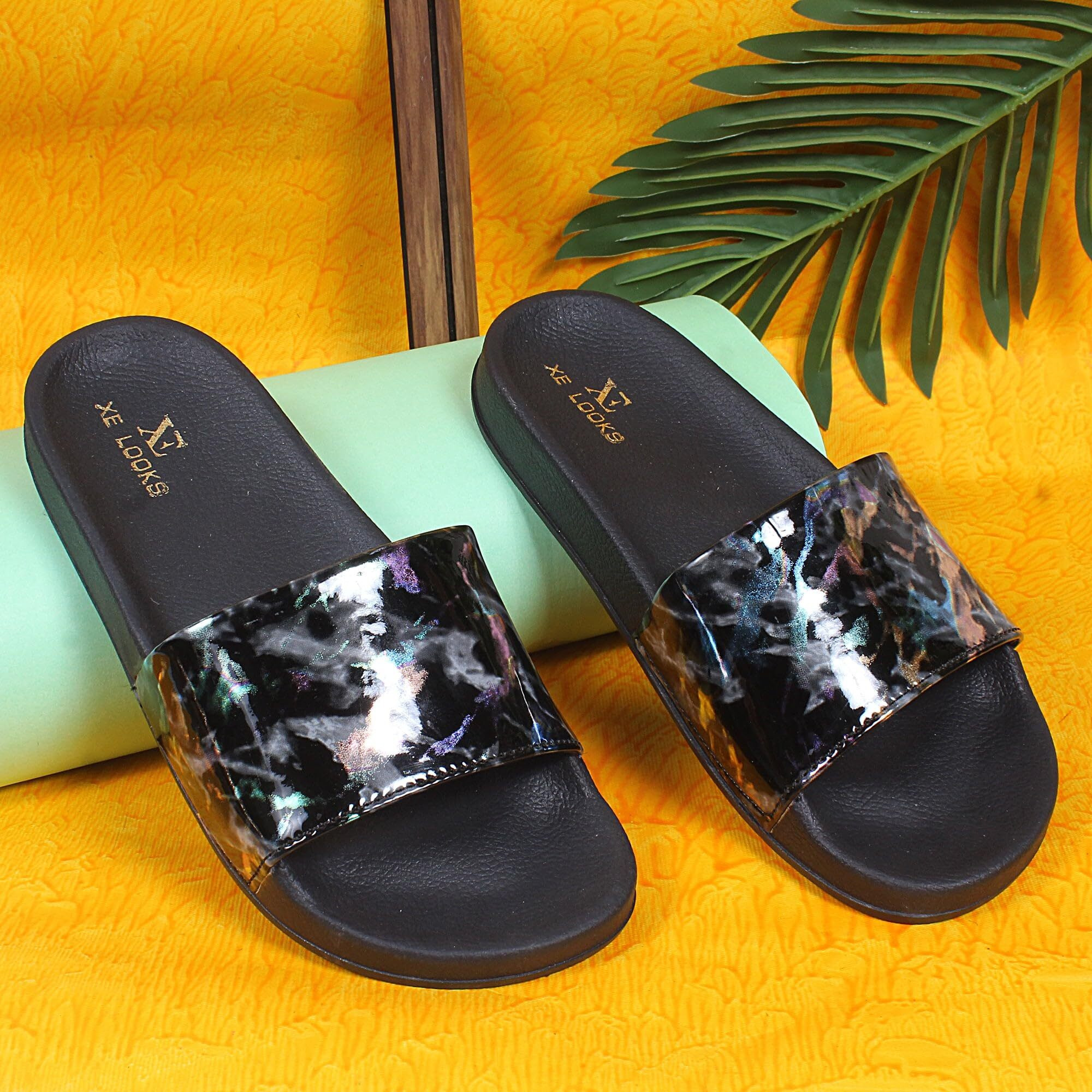 Xe Looks Women's Black Flip-Flops With Glossy Marble Print | Stylish And Comfortable Slip-On | Lightweight Flip-Flops For Girls & Women
