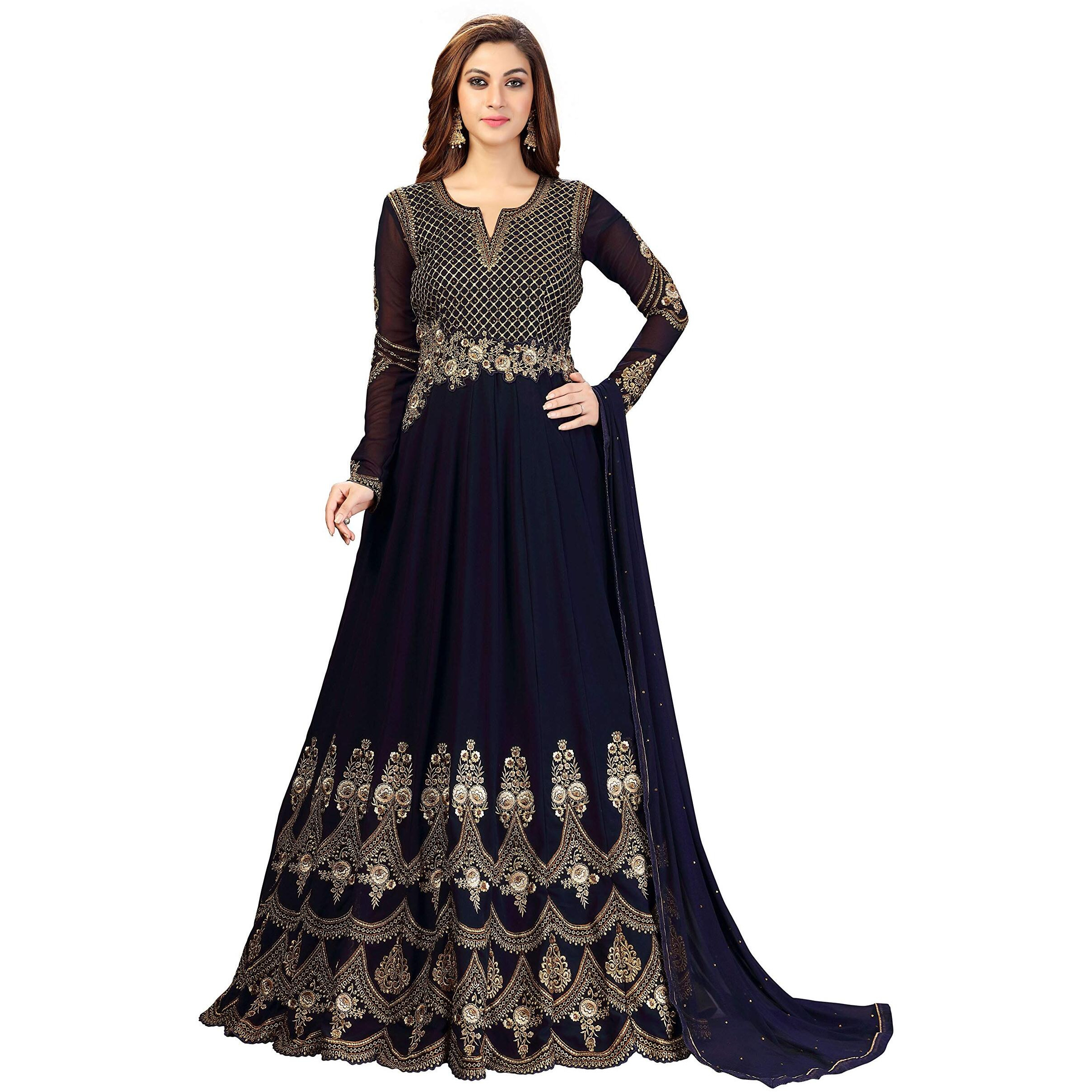 Trendmalls Women's Georgette Embroidery Salwar Suit Anarkali Kurta Set With Dupatta (G42-Blue-S)