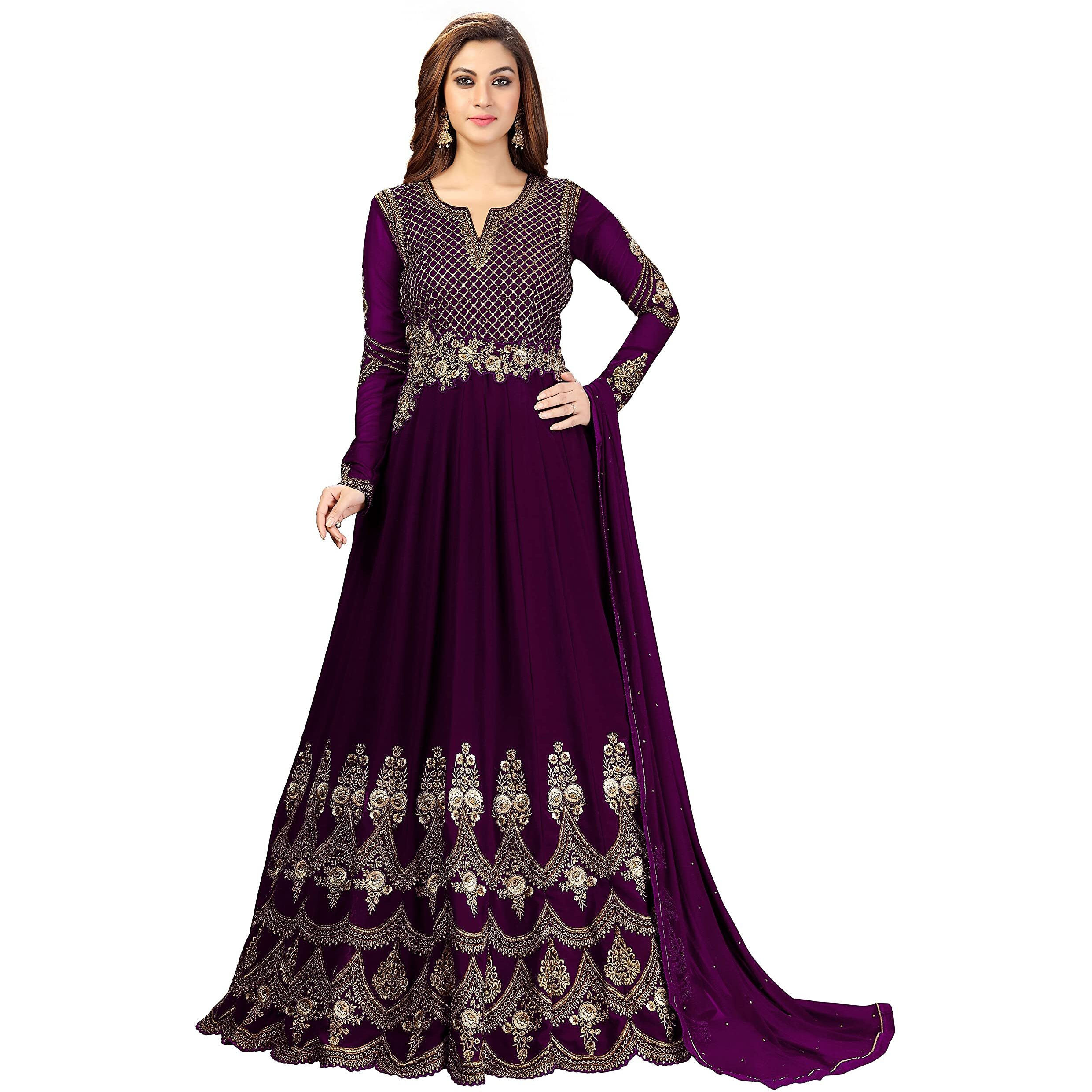 Trendmalls Women's Georgette Embroidery Salwar Suit Anarkali Kurta Set With Dupatta (G42-Purple-S)
