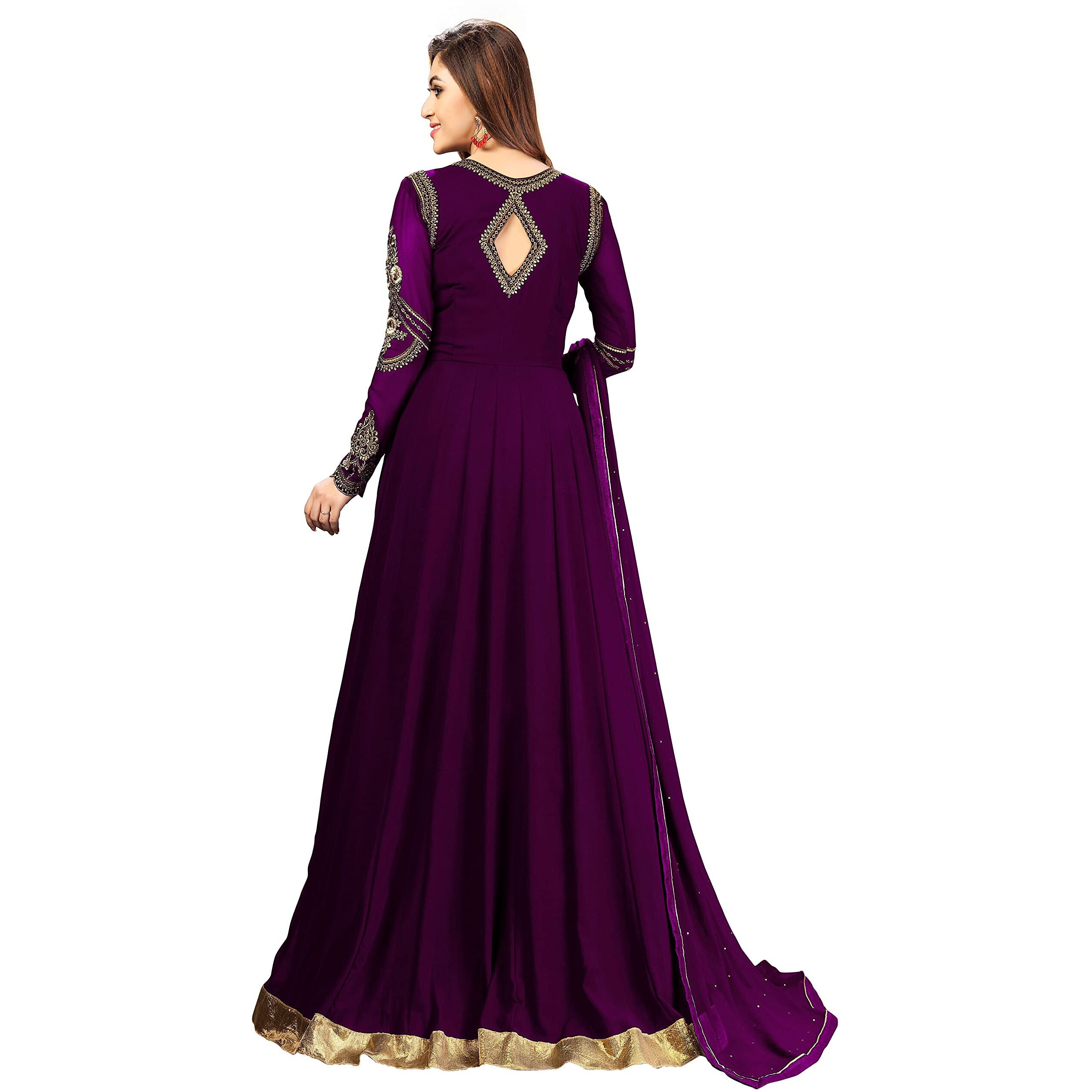 Trendmalls Women's Georgette Embroidery Salwar Suit Anarkali Kurta Set With Dupatta (G42-Purple-S)