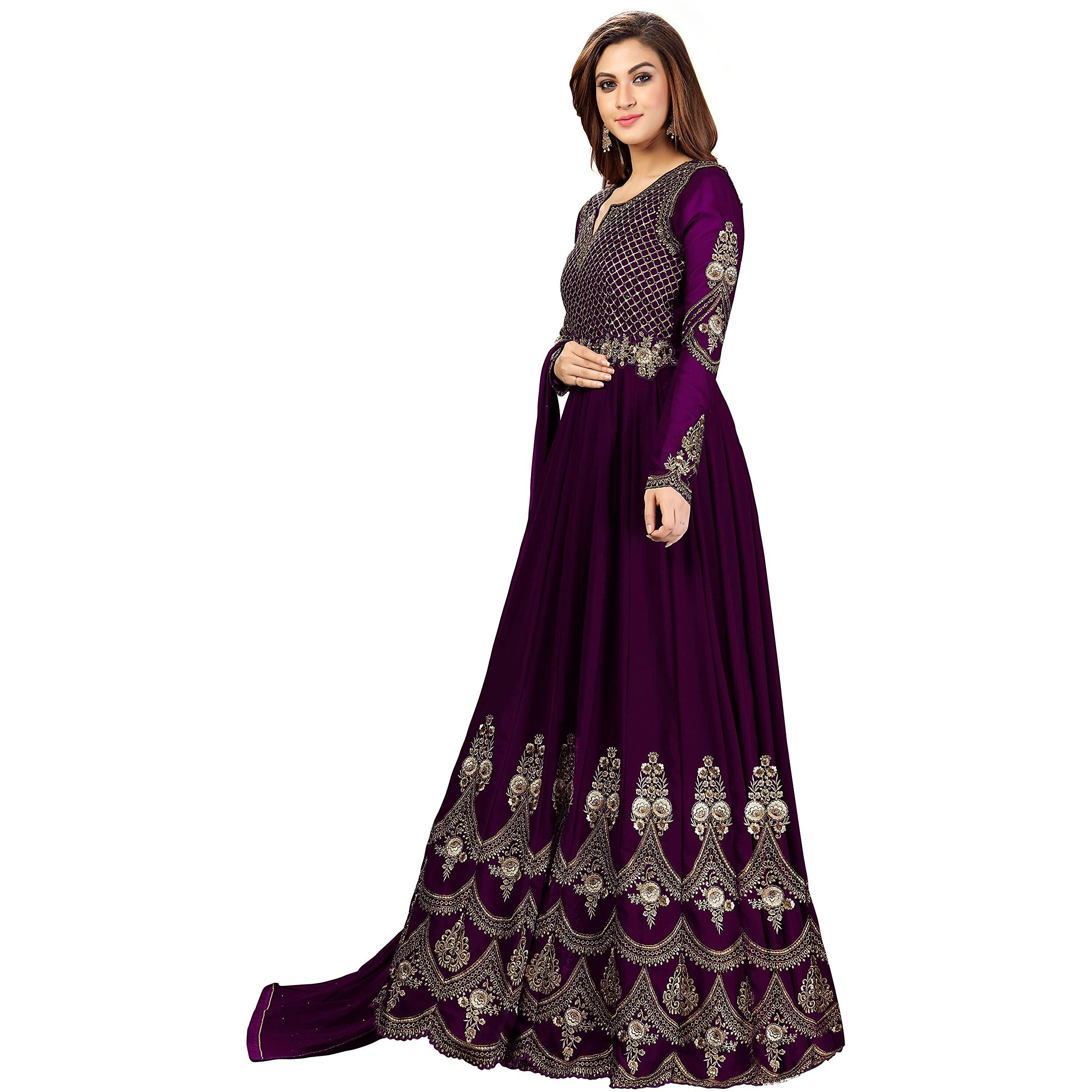Trendmalls Women's Georgette Embroidery Salwar Suit Anarkali Kurta Set With Dupatta (G42-Purple-S)