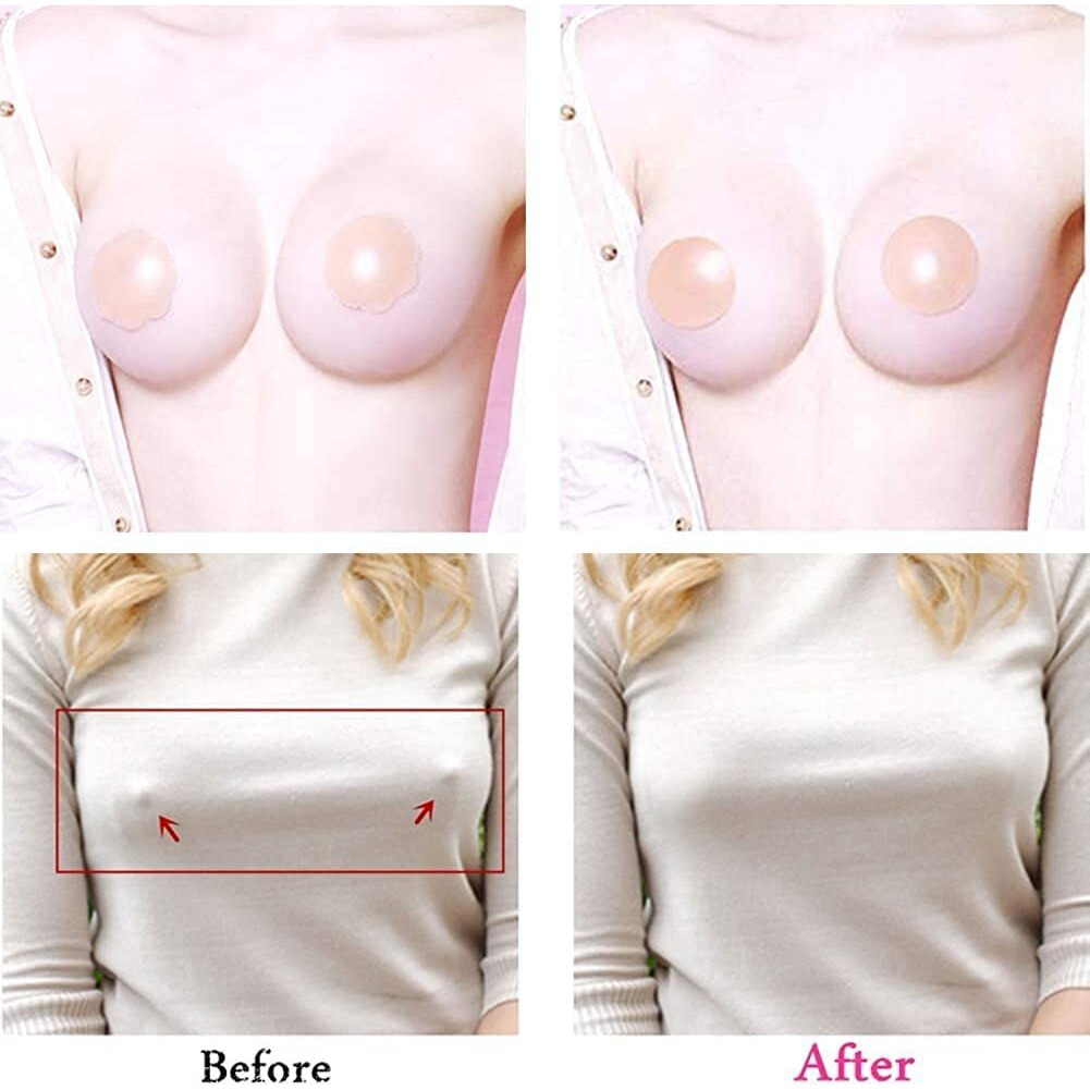 Wooger Women's And Girls Reusable Nipple Cover Silicone Nipple Cover Bra Pad Adhesive Reusable Nipple Pads Thin Silicone Nipple Cover Pasties Round (Skin,Pack Of 2 Pair)