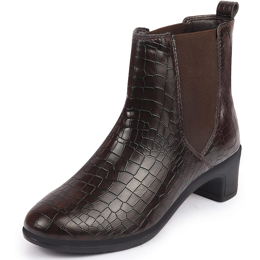 Fausto Fst Ki-253 Brown-37 Women's Brown Flared Heel High Ankle Leopard Print Embossed Chelsea Boots (4 Uk)