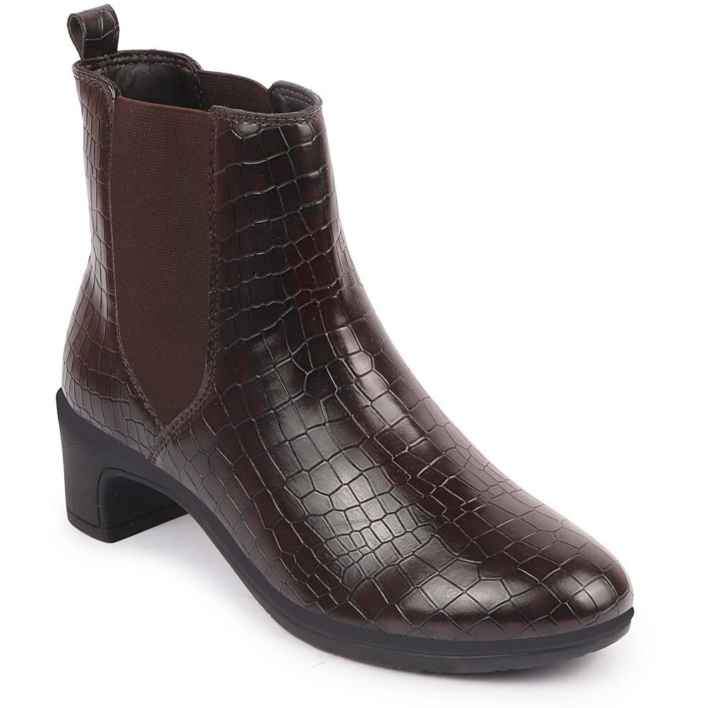 Fausto Fst Ki-253 Brown-37 Women's Brown Flared Heel High Ankle Leopard Print Embossed Chelsea Boots (4 Uk)