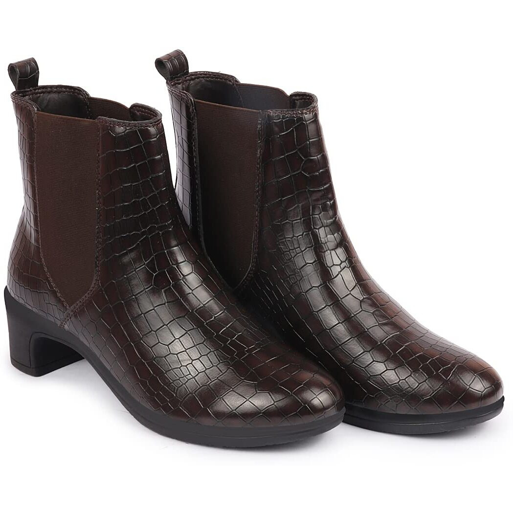 Fausto Fst Ki-253 Brown-37 Women's Brown Flared Heel High Ankle Leopard Print Embossed Chelsea Boots (4 Uk)