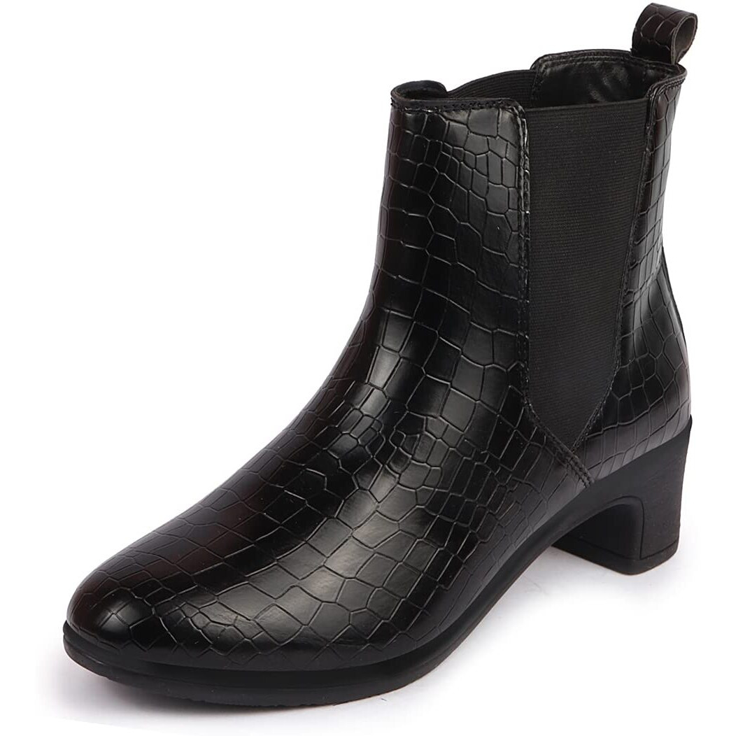 Fausto Fst Ki-253 Black-36 Women's Black Flared Heel High Ankle Leopard Print Embossed Chelsea Boots (3 Uk)