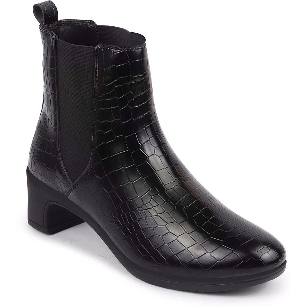 Fausto Fst Ki-253 Black-36 Women's Black Flared Heel High Ankle Leopard Print Embossed Chelsea Boots (3 Uk)