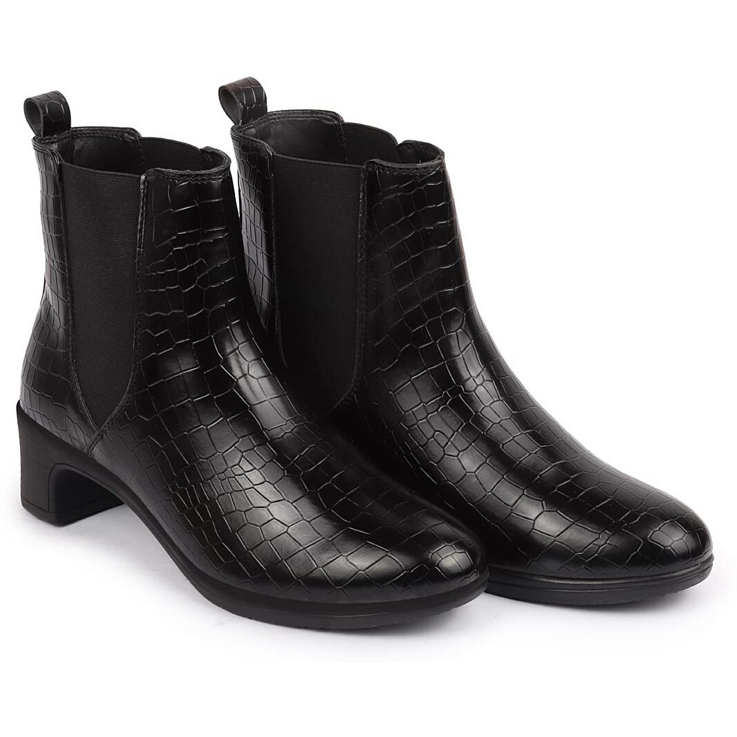 Fausto Fst Ki-253 Black-36 Women's Black Flared Heel High Ankle Leopard Print Embossed Chelsea Boots (3 Uk)