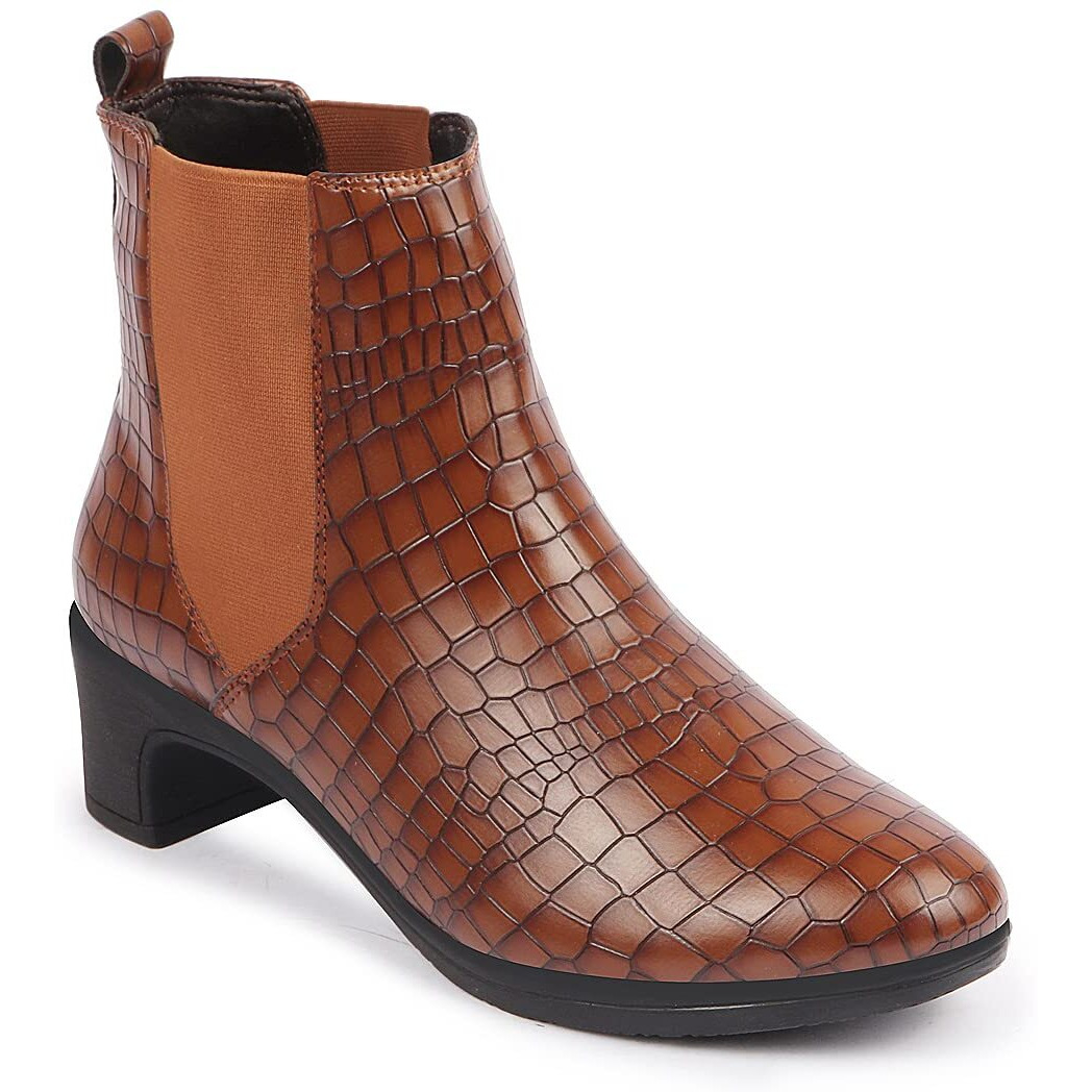 Fausto Fst Ki-253 Tan-38 Women's Tan Flared Heel High Ankle Leopard Print Embossed Chelsea Boots (5 Uk)