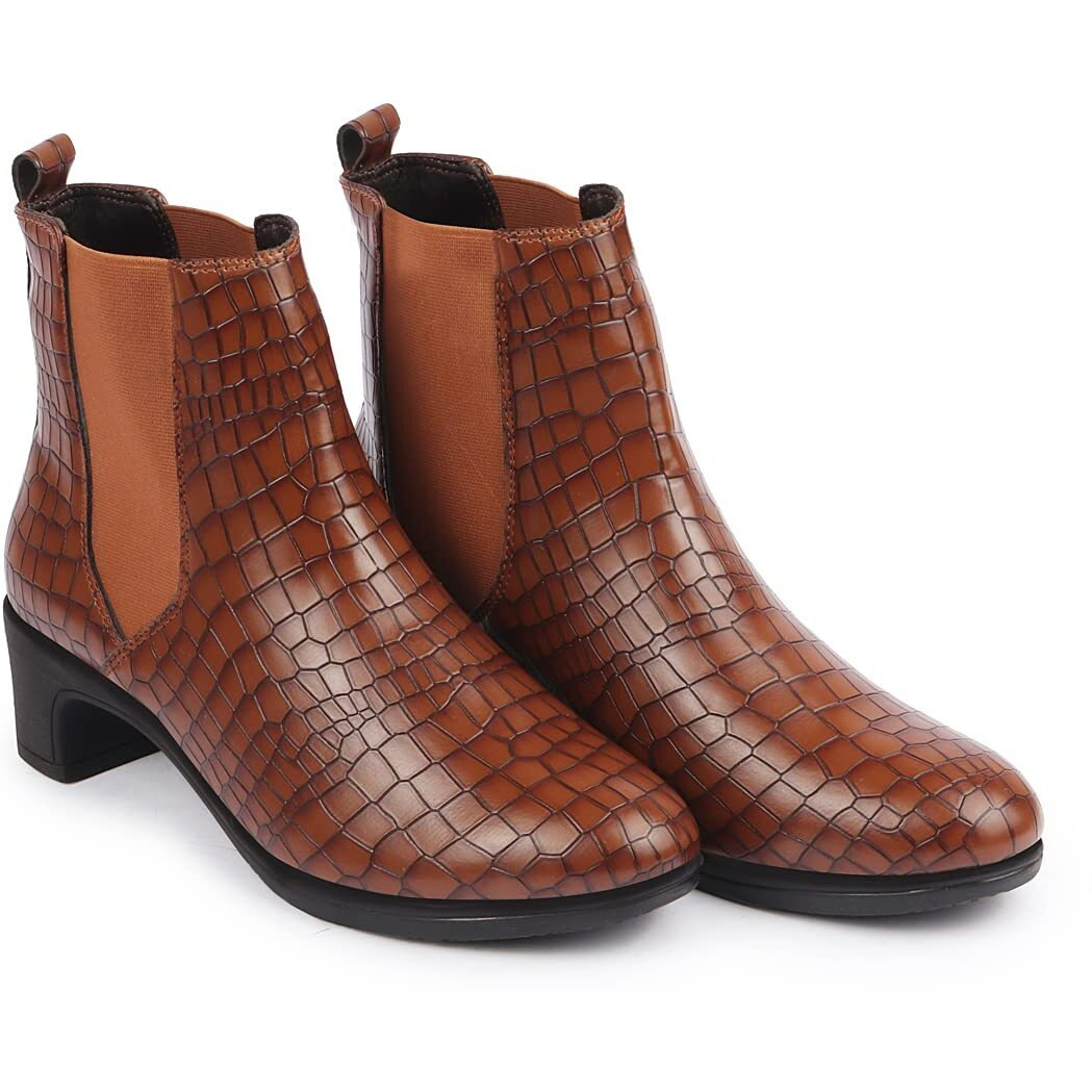 Fausto Fst Ki-253 Tan-38 Women's Tan Flared Heel High Ankle Leopard Print Embossed Chelsea Boots (5 Uk)