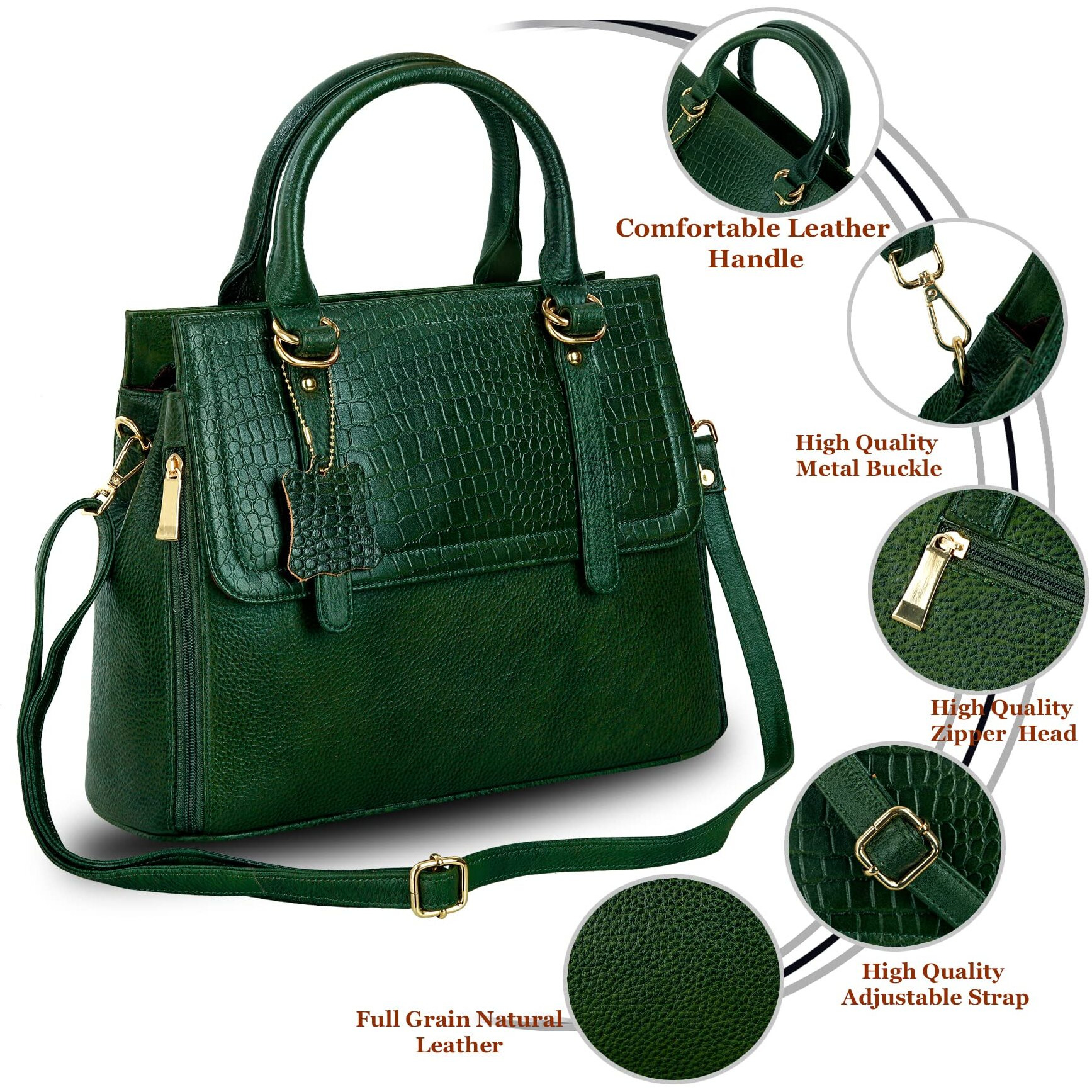 Hyatt Leather Accessories Natural Leather Top-Handle Satchel Tote Ladies Handbags & Shoulder Sling Bags For Women Office Branded Stylish Latest Size-L-11 X H-10 X W- 5 In (Black) (Green Dark)