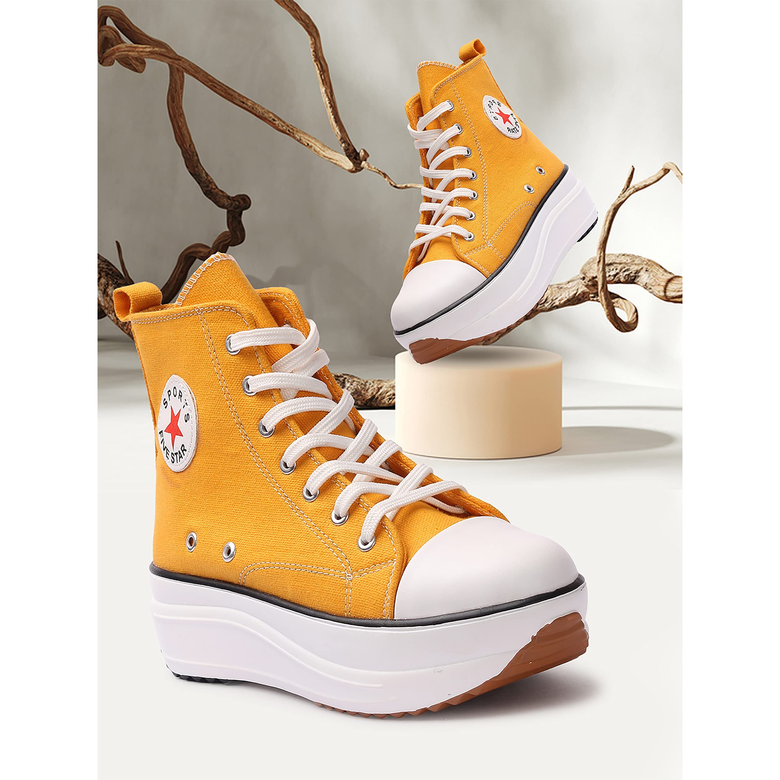 Flynce Sneakers For Women | Embellished Premium Casual High Ankle Sneakers | Ankle Boots Shoe | Chunky Ankle Length Sneakers Shoes For Women And Girls | 9001-Yellow-40