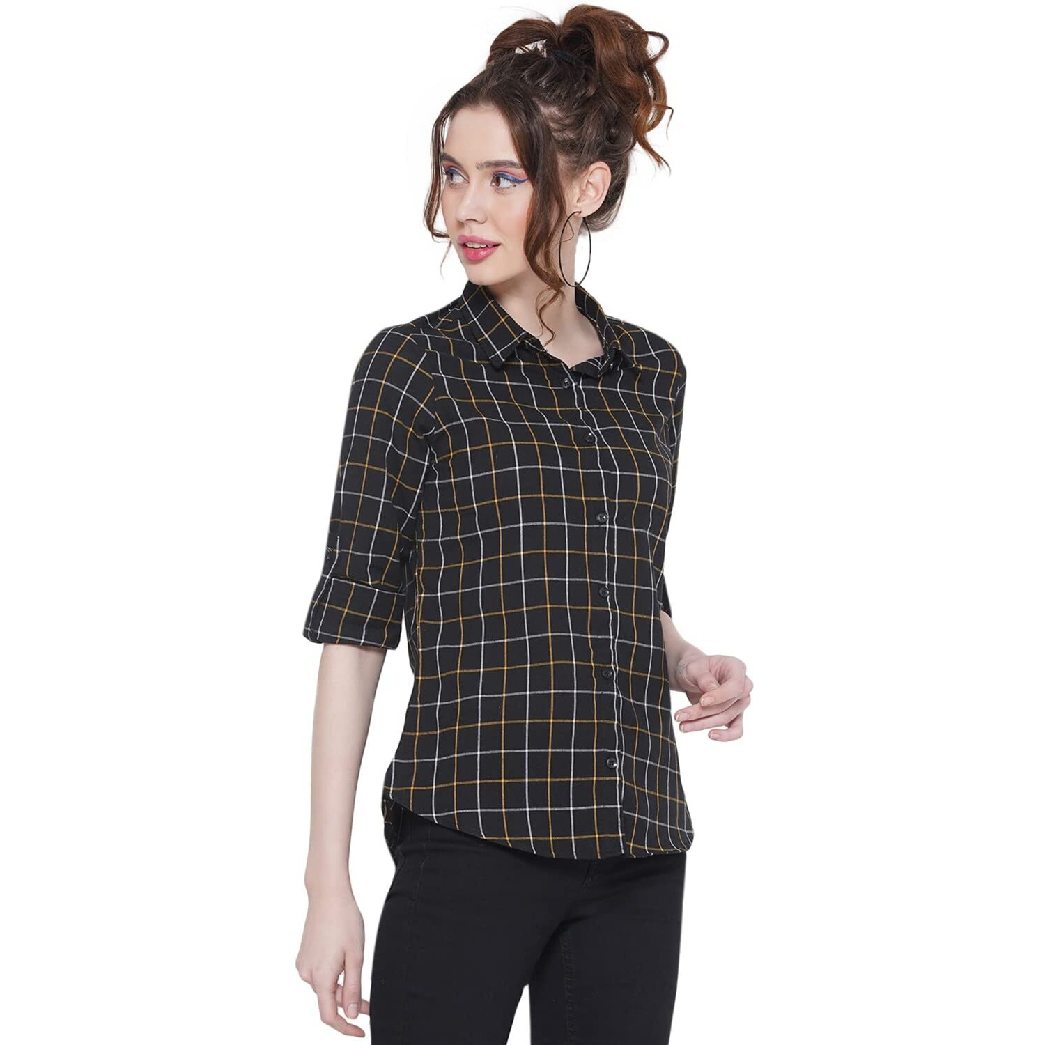 Vastraa Fusion Pure Cotton Regular Fit Full Sleeves Check Casual Shirt For Women's (Ts0939_Black-Check-New_3Xl)