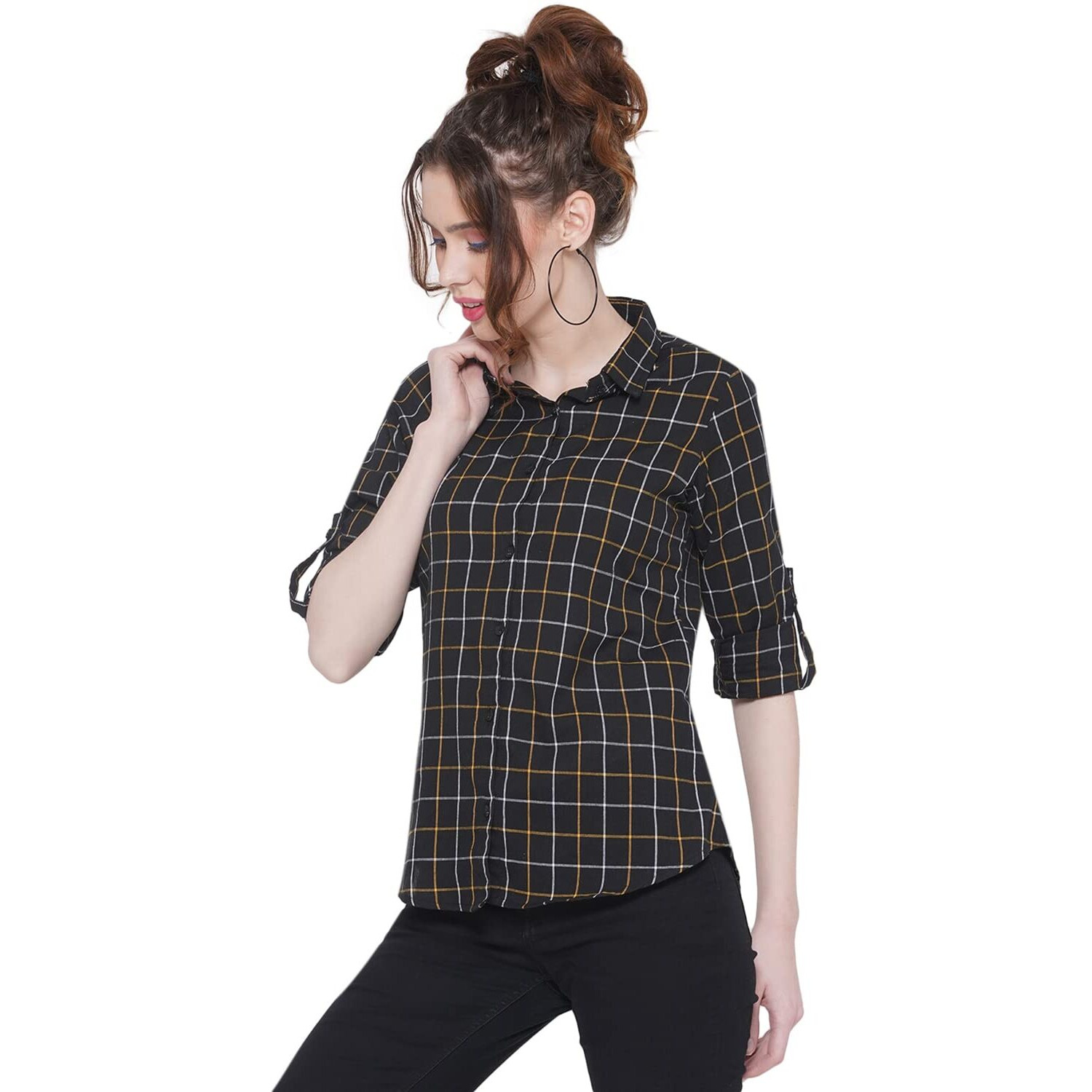 Vastraa Fusion Pure Cotton Regular Fit Full Sleeves Check Casual Shirt For Women's (Ts0939_Black-Check-New_3Xl)