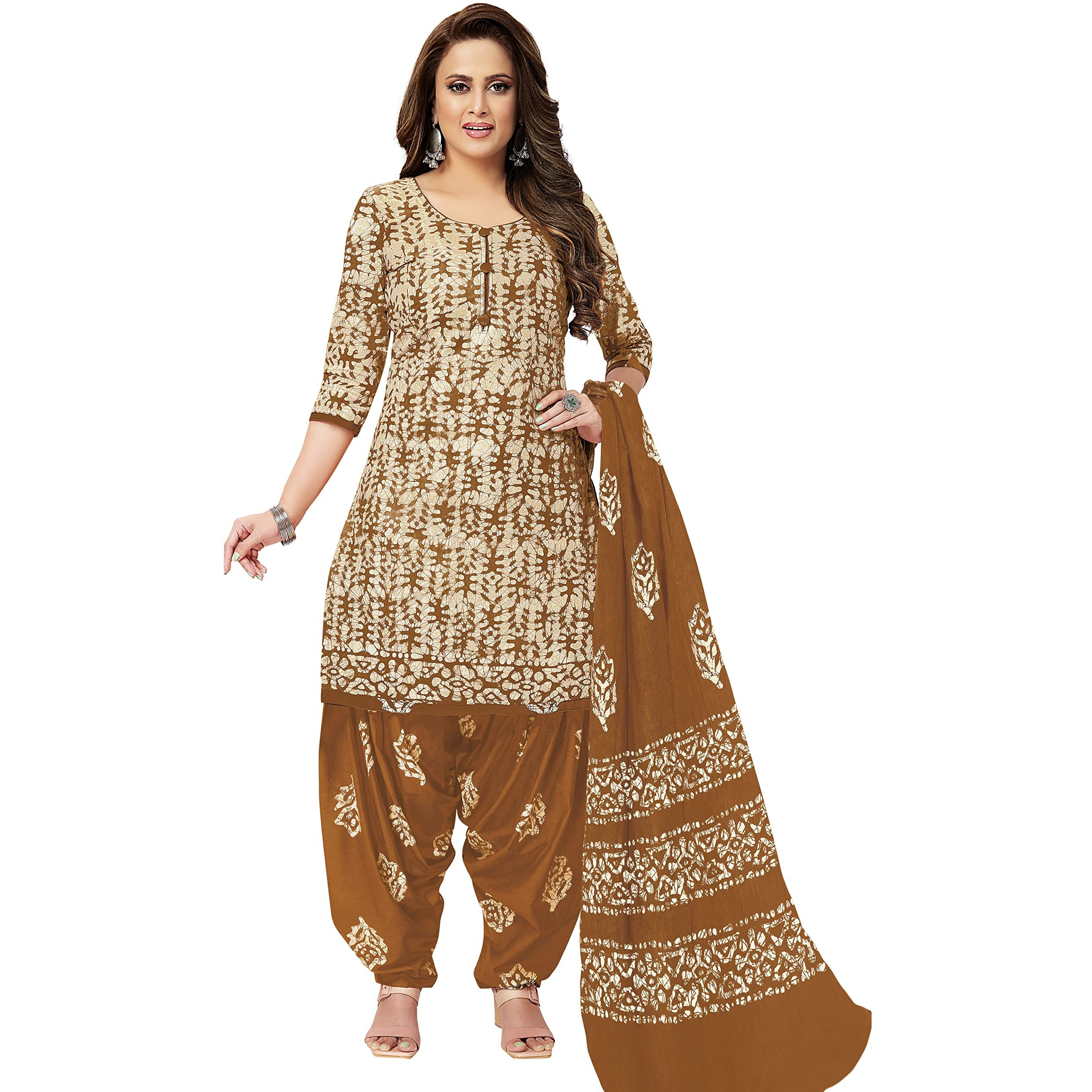 Miraan Unstitched Cotton Batik Salwar Suit Printed Material For Women (Sanbat504, Brown, Free Size)