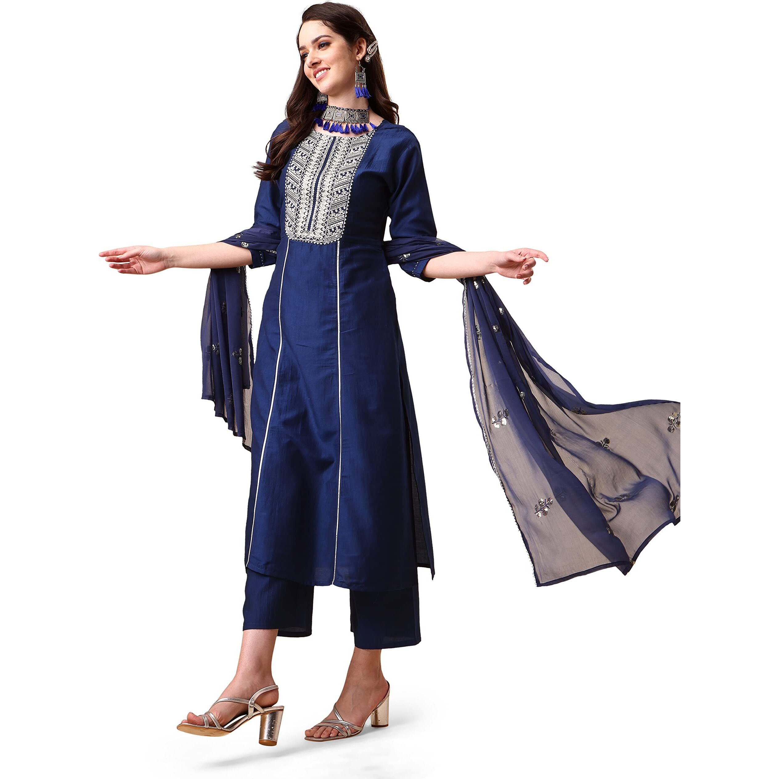 Ethnicjunction Women's Silk Embroidered Thread Work Chinon A-Line Kurta Pant With Dupatta Navy