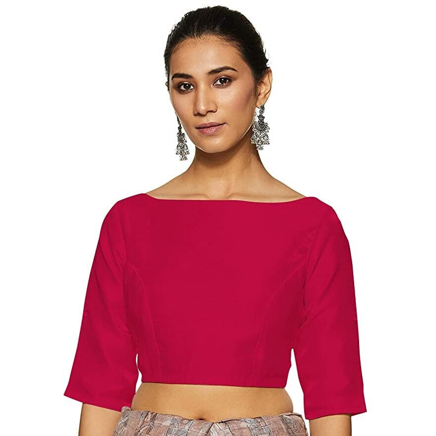 Fressia Fabrics Women's Cotton Silk Plain Readymade Saree Blouse (Red, 40)