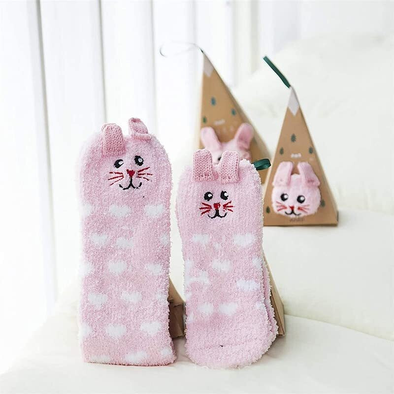 The Purple Tree Woolen Fuzzy Cute Cartoon Animal Face Winter Socks For Women And Girls - 1 Pair, Cozy Socks For Women, Cute Socks, Warm Socks, Pink_Cat