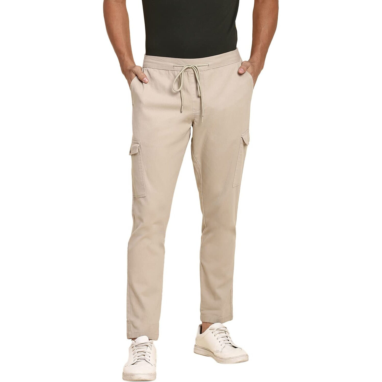 Dennis Lingo Men's Cotton Regular Fit Solid Stretchable Cargo Trousers, Casual Pants With Drawstring Waist (Beige, 32)