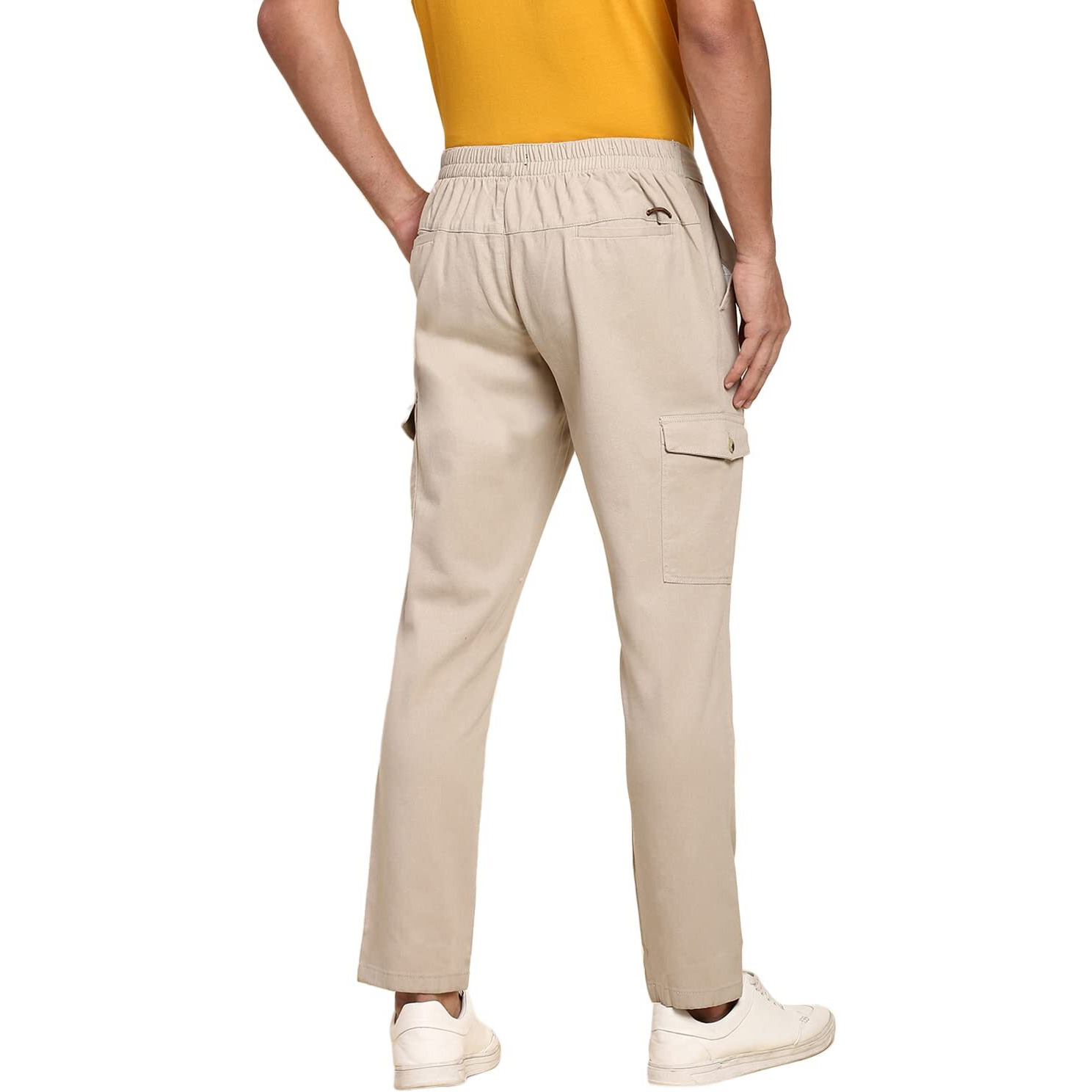 Dennis Lingo Men's Cotton Regular Fit Solid Stretchable Cargo Trousers, Casual Pants With Drawstring Waist (Beige, 32)