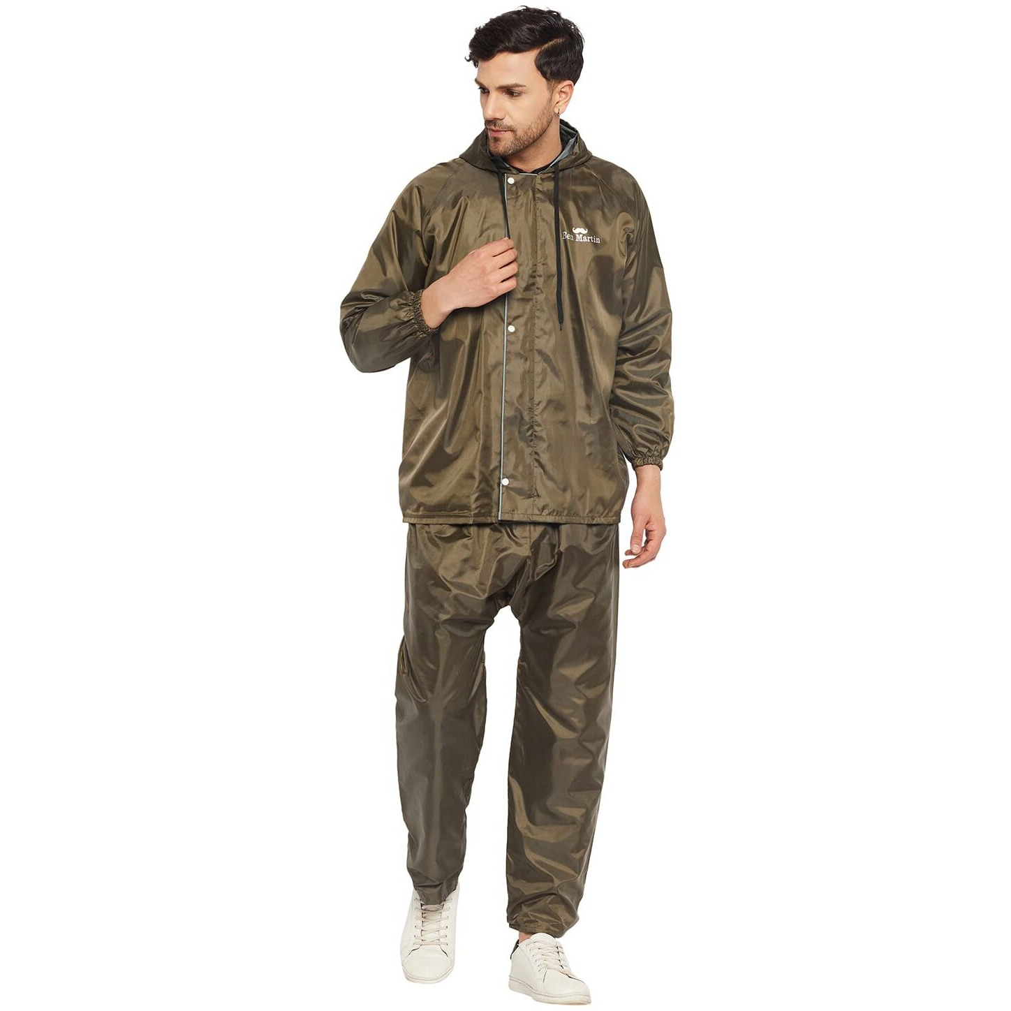 Ben Martin Men's Polyester Adjustable Hood Waterproof Olive Green Raincoat Or Rainsuit Set - Includes Top And Bottom Size Xxl