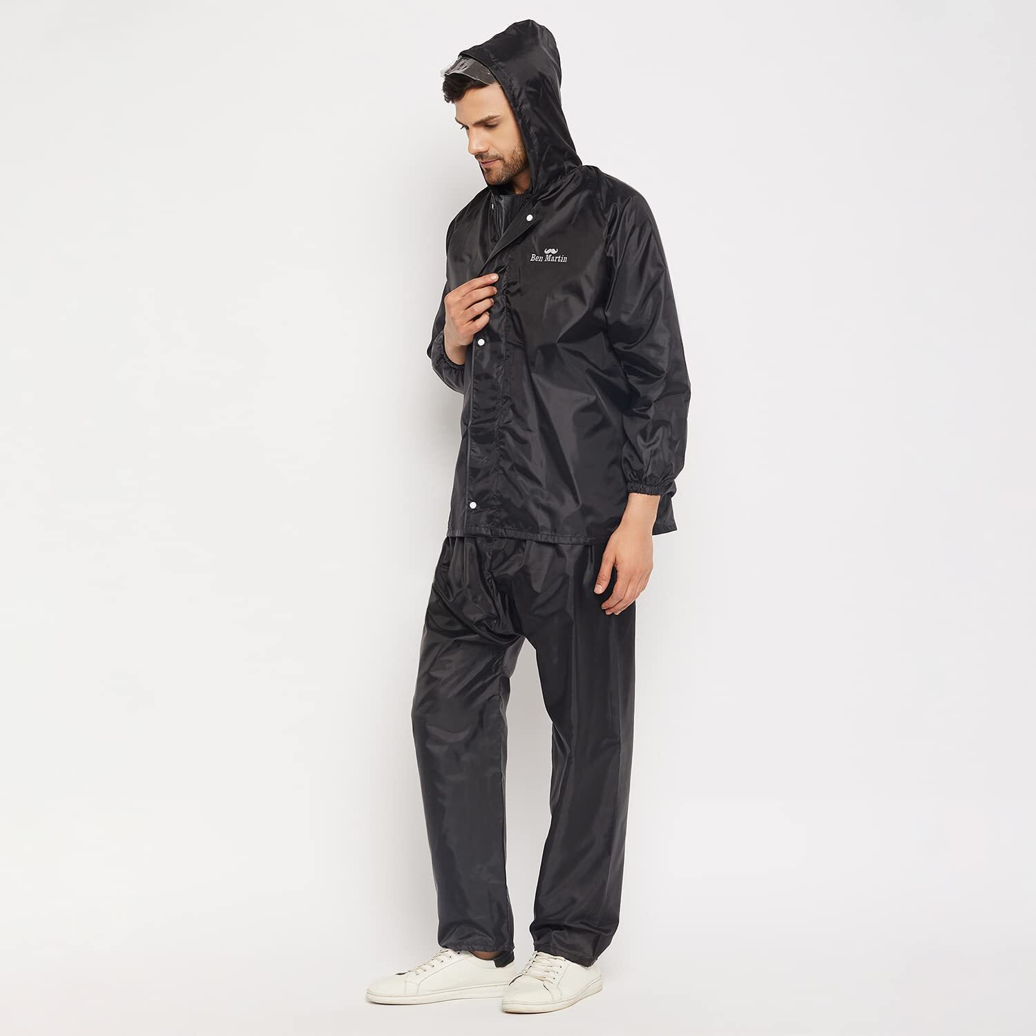 Ben Martin Men's Polyester Adjustable Hood Waterproof Black Raincoat Or Rainsuit Set - Includes Top And Bottom Size Xxl