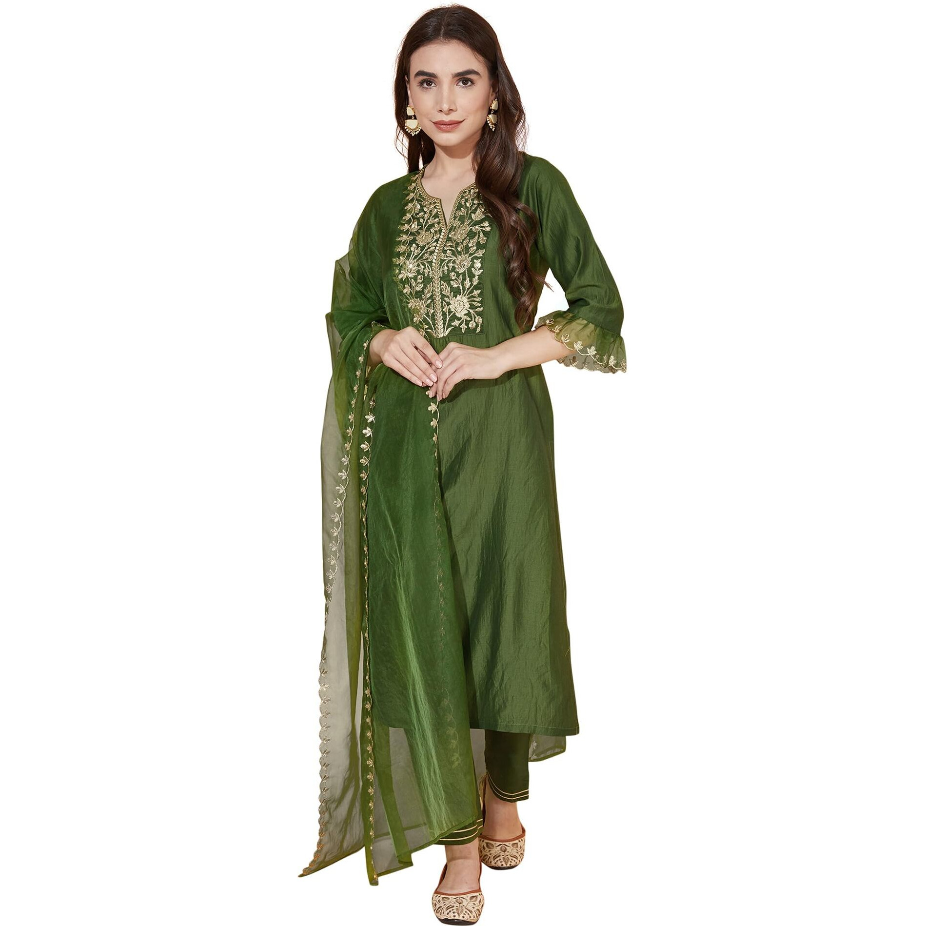 Siril Women's Chinnon Silk Embroidery Straight Kurta Set With Dupatta (38Kbd474-M_Green)