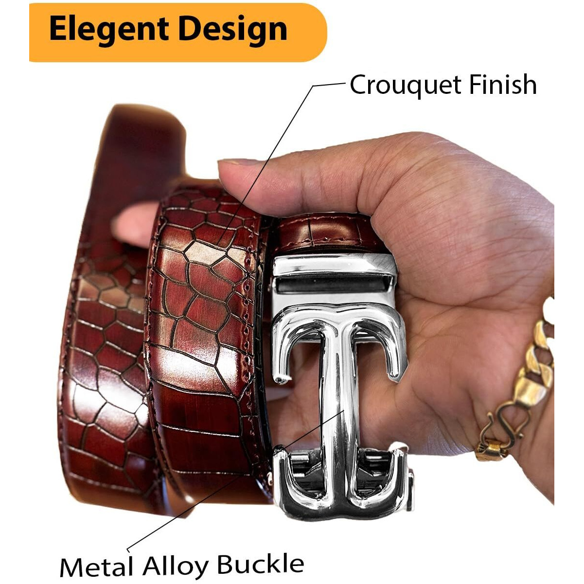 Contacts Genuine Leather Belt For Men With Autolock Buckle - Micro Adjustable Belt Fit Everywhere | Formal & Casual | Elegant Gift Box (Silver)
