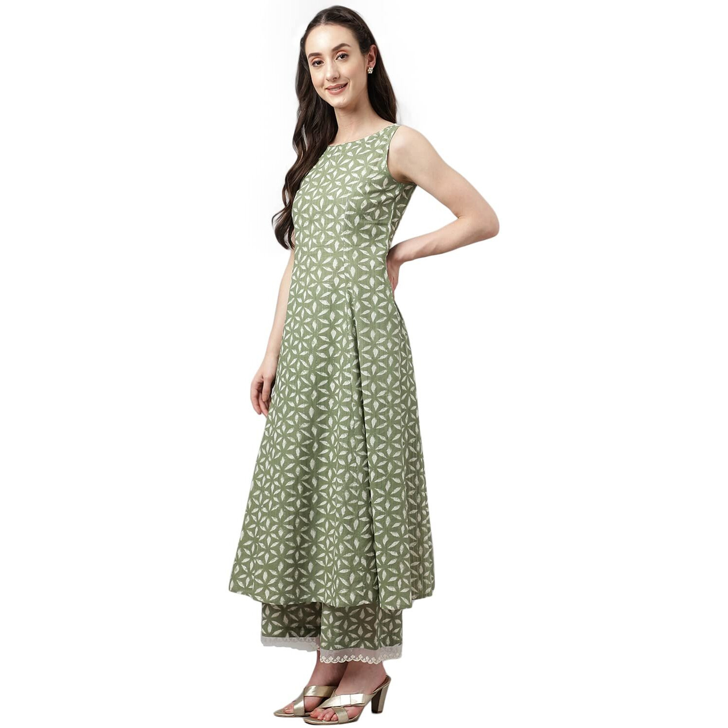 Fiorra Women's Ferm Green Lurex Cotton Flared Kurta With Palazzo And Dupatta