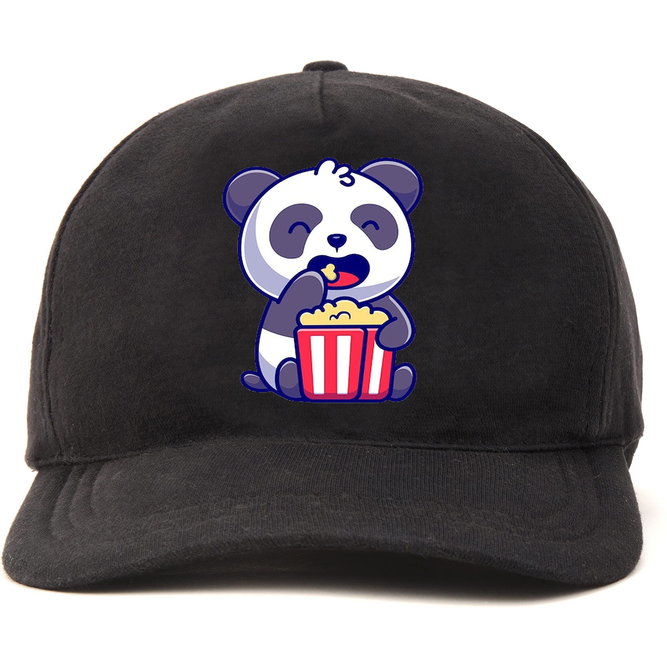 Primebox Head Caps For Men Unisex With Adjustable Velcro Strap Cap Summer Caps Men Sports Cricket Caps, Gym Cap (Black Cap Panda Eating Popcorn Print)