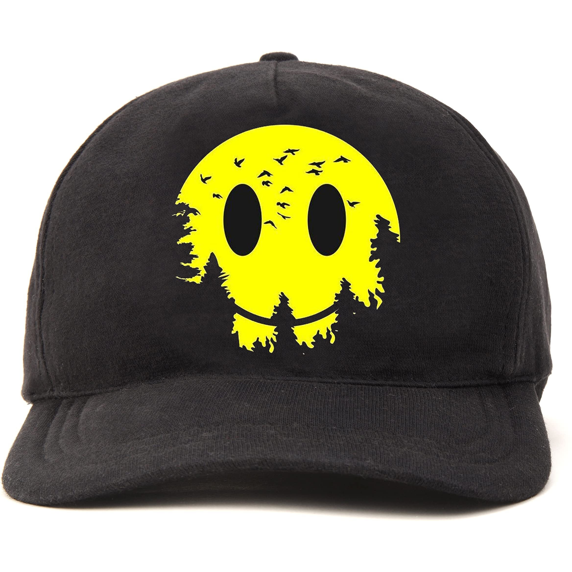 Primebox Head Caps For Men Unisex With Adjustable Velcro Strap Cap Summer Caps Men Sports Cricket Caps, Gym Cap (Black Cap Smiley Sun Face Print)