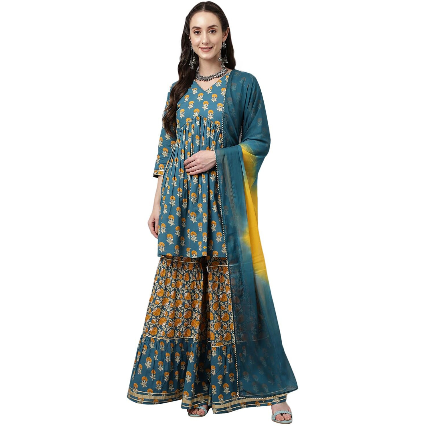 Fiorra Women's Mor Peach Pure Cotton Flared Kurta With Sharara And Dupatta Set0073-L