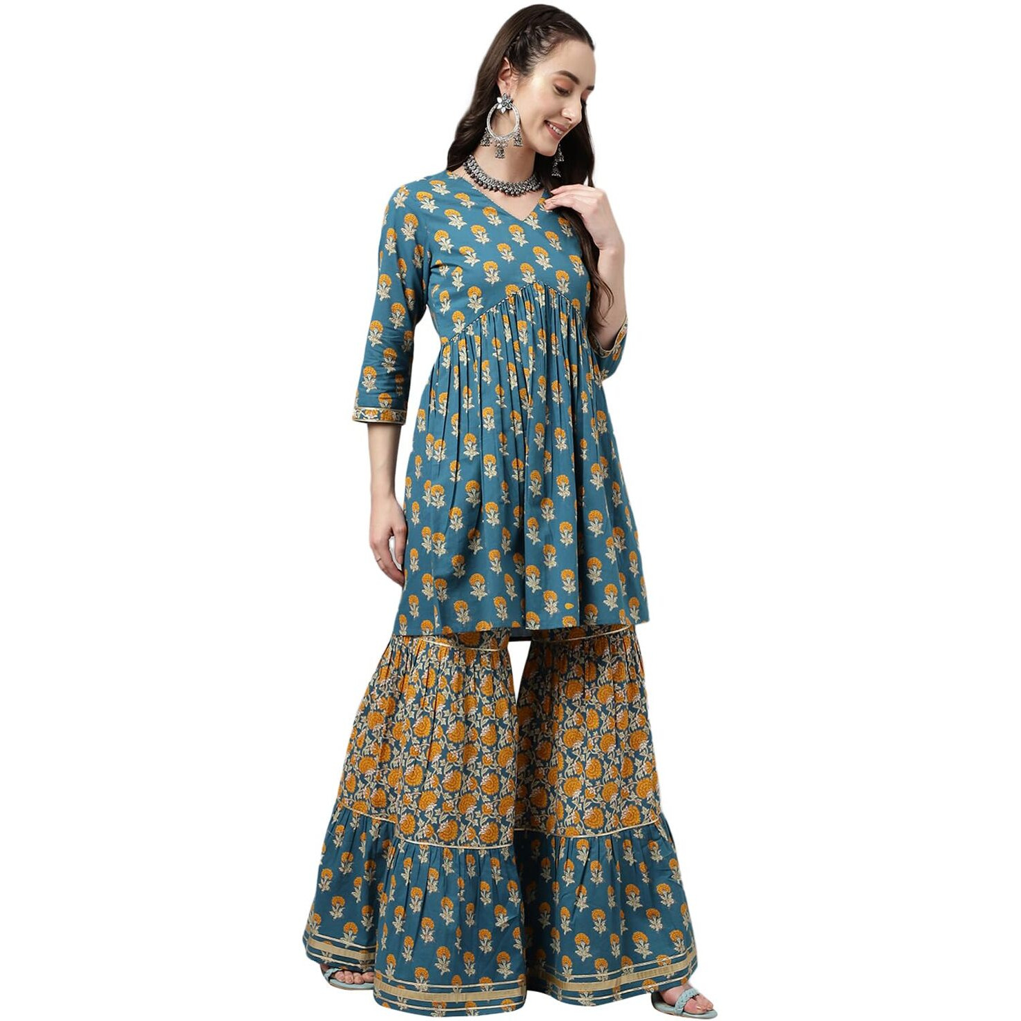 Fiorra Women's Mor Peach Pure Cotton Flared Kurta With Sharara And Dupatta Set0073-L