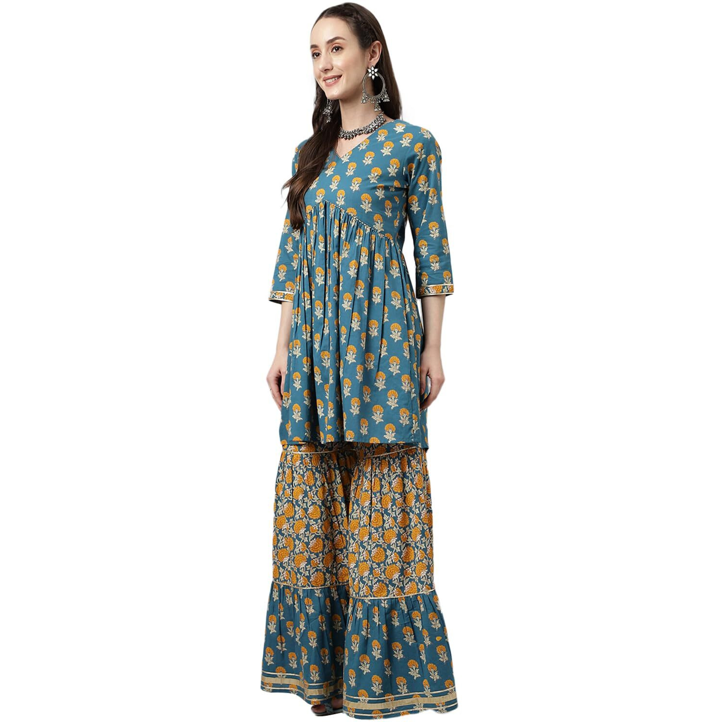 Fiorra Women's Mor Peach Pure Cotton Flared Kurta With Sharara And Dupatta Set0073-L