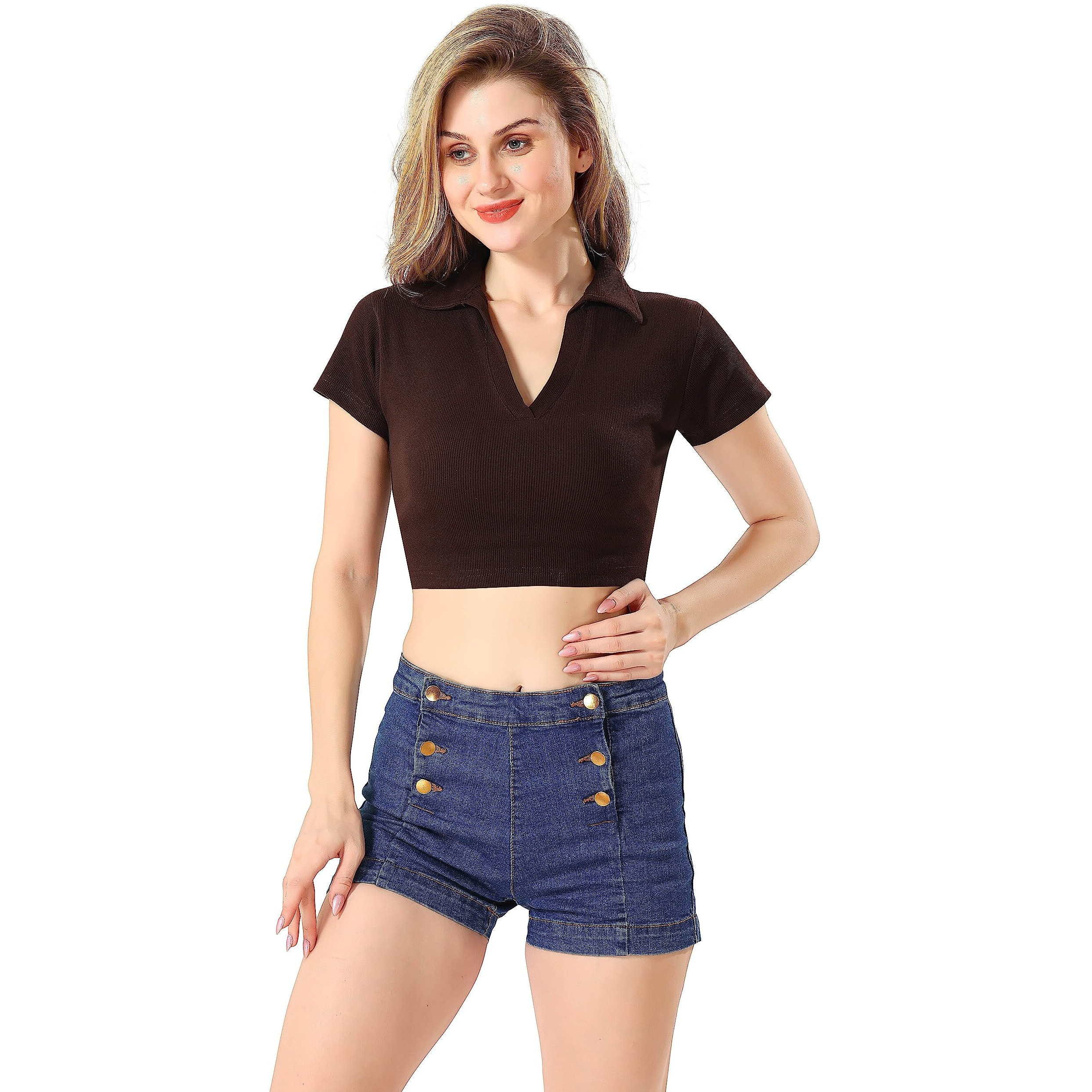 Trasa Women's With Sleeve Rib Knitted 100 Percent Cotton Racer Back Tank Slim Fit Tops Polo V Neck Crop Tank Tops - Brown - Xs