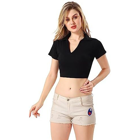Trasa WomenS With Sleeve Rib Knitted 100 Percent Cotton Racer Back Tank Tops Polo V Neck Crop Tank Tops - Black - L