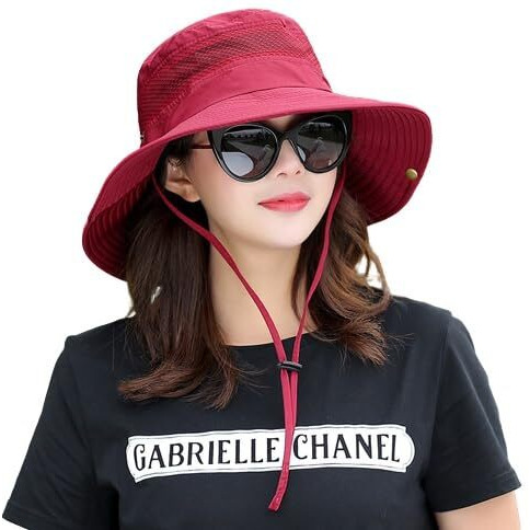 Alexvyan Round Crown Hat Sun Visor Hats For Women Uv Protection Wide Brim Summer Cap For Girls Breathable Casual Beach, Safari Sun Cap For Women Girl Men (Red)