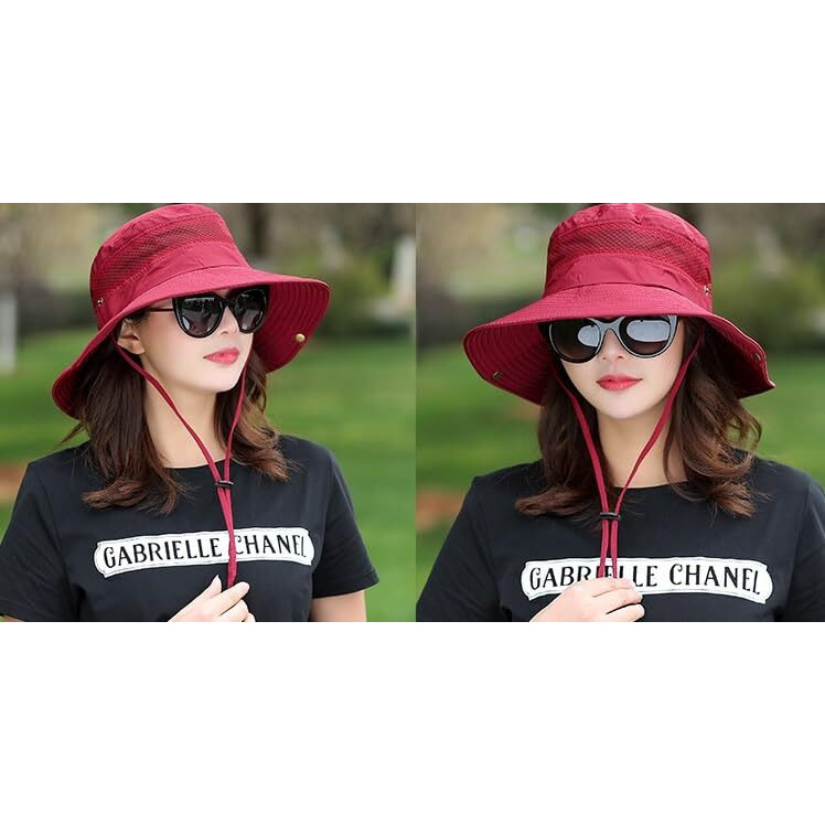 Alexvyan Round Crown Hat Sun Visor Hats For Women Uv Protection Wide Brim Summer Cap For Girls Breathable Casual Beach, Safari Sun Cap For Women Girl Men (Red)