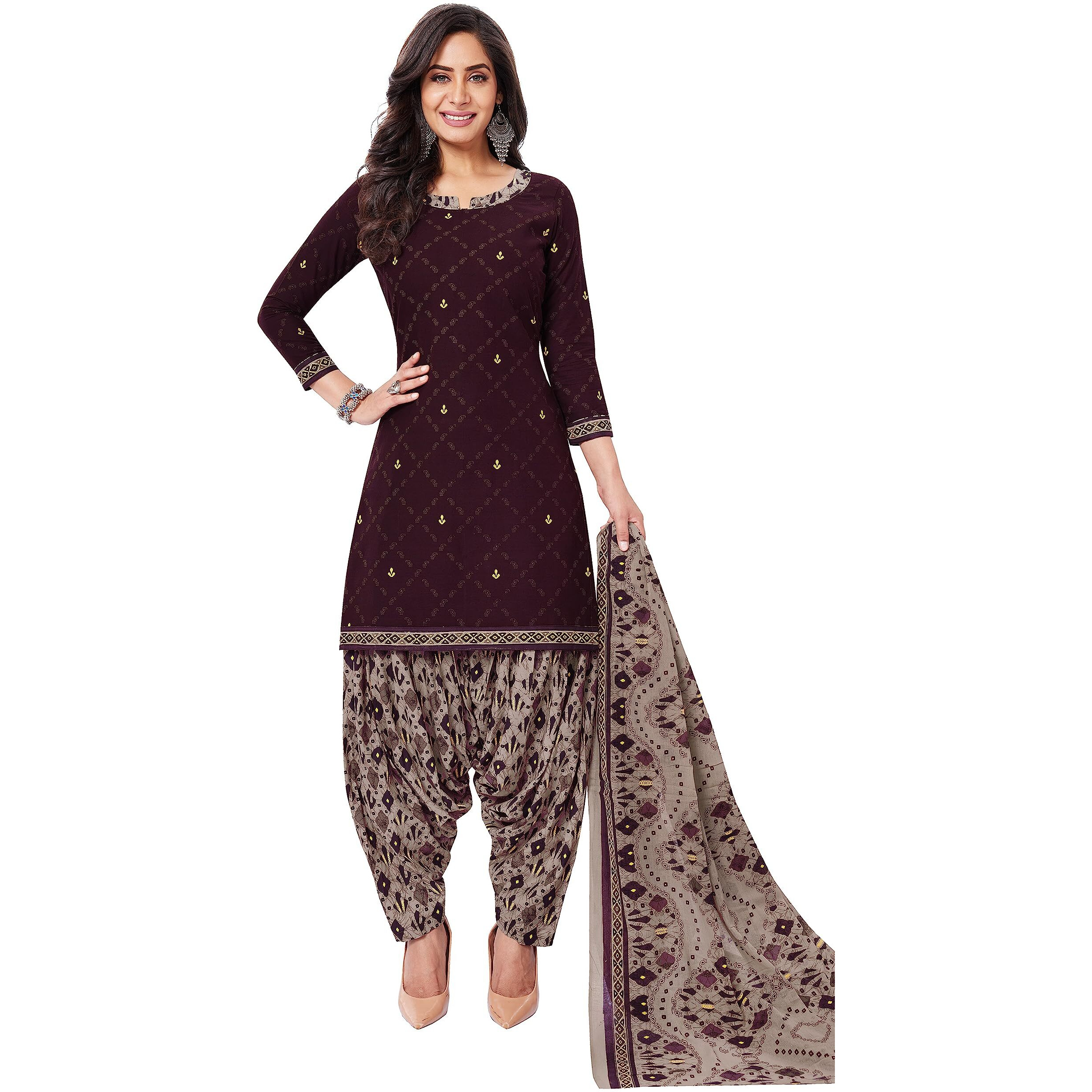 Miraan Cotton Printed Readymade Salwar Suit For Women (Bandcolor1734L_Purple_Large)