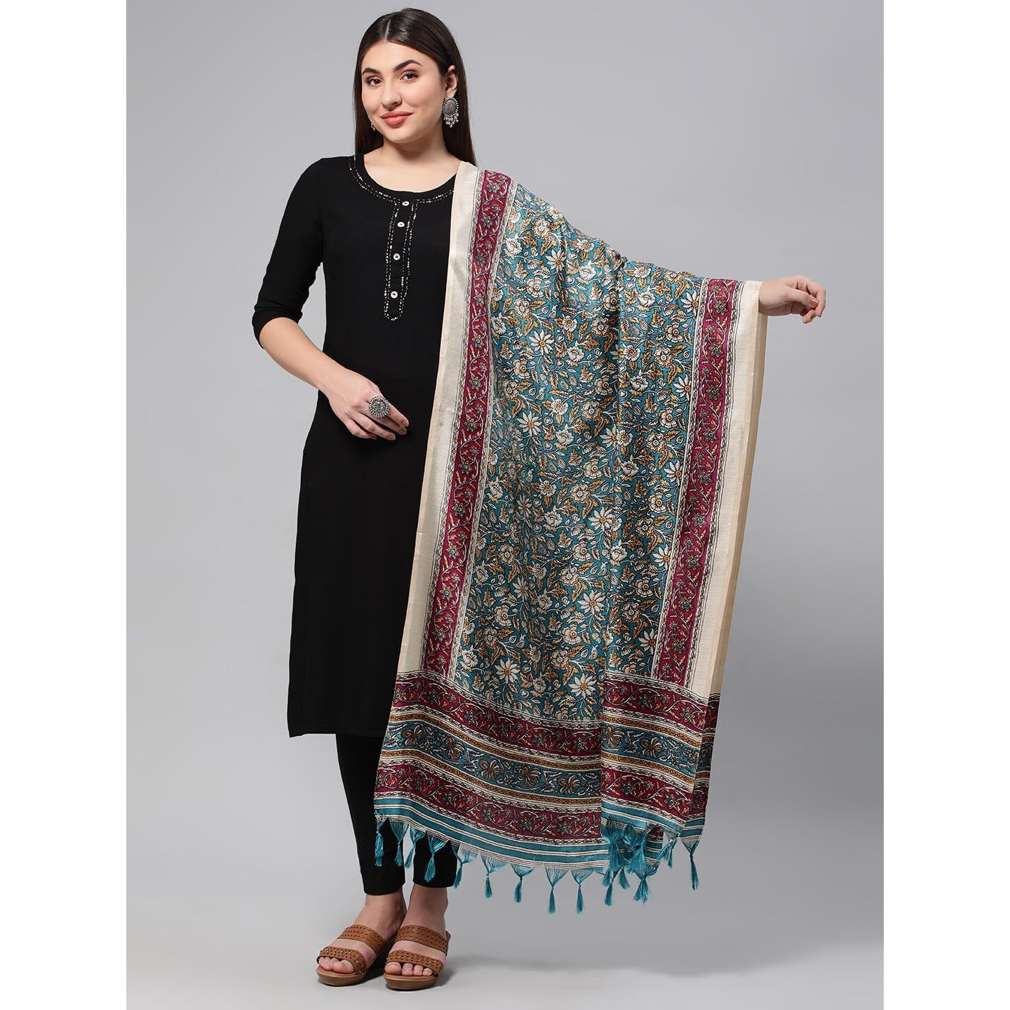 Rani Saahiba Women's Art Silk Kalamkari Dupatta(Skrdd2510_Turquoise)