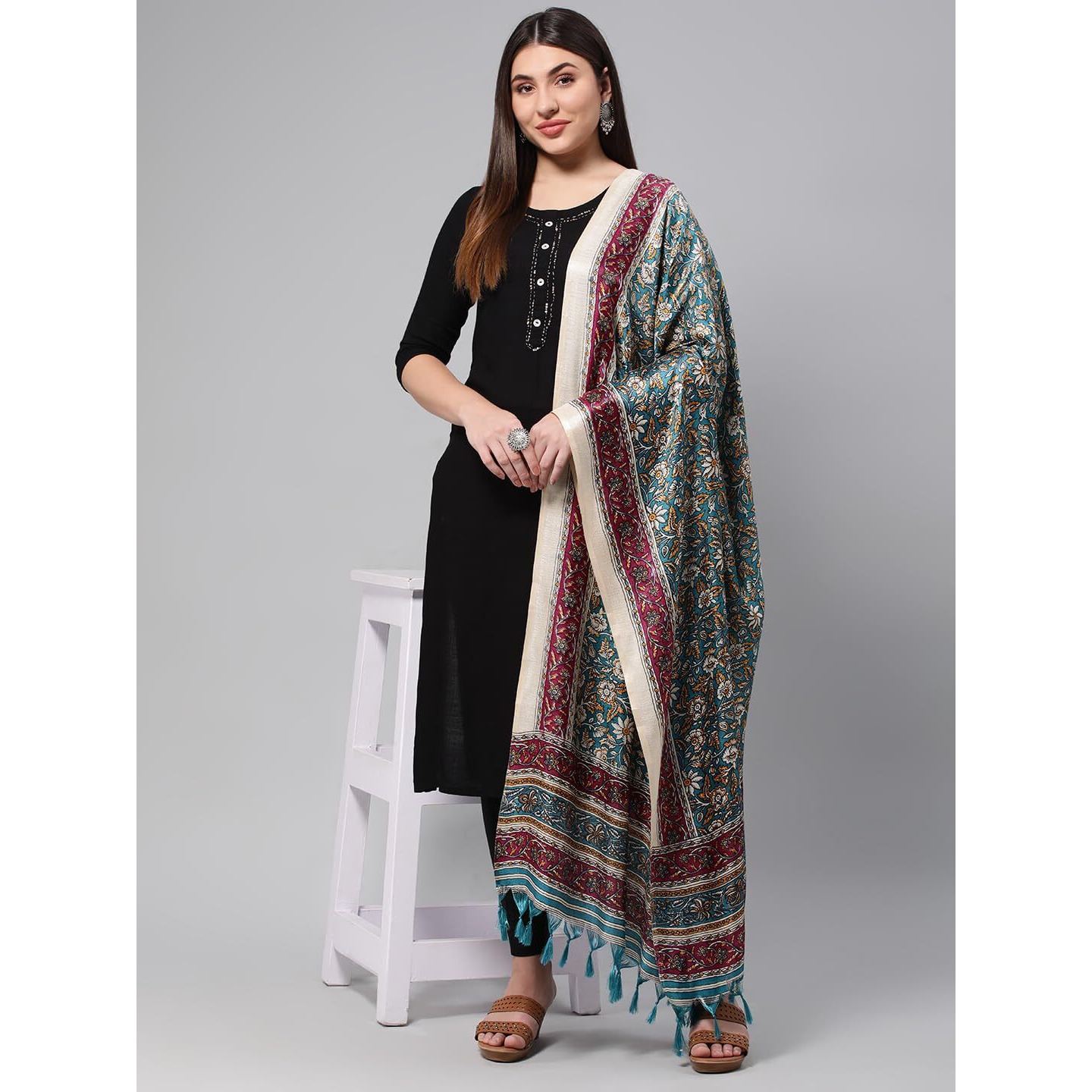 Rani Saahiba Women's Art Silk Kalamkari Dupatta(Skrdd2510_Turquoise)