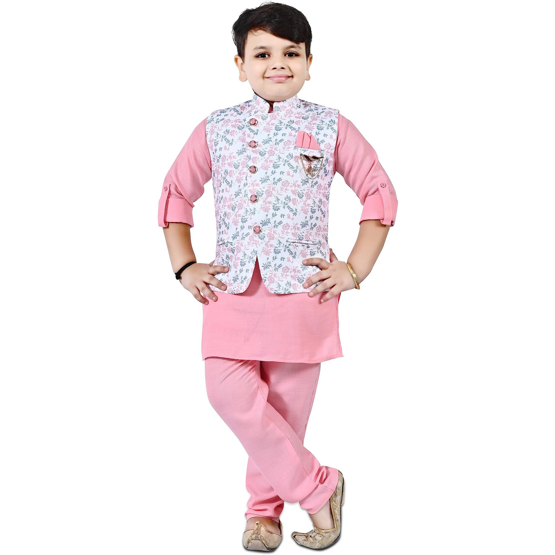 Little Hardy Kids Ethnic Wear Kurta Pyjama And Waistcoat Set For Boys | Stylish Ethnic Wear | 3-Piece Set | Silk And Cotton Blend Fabric (18 Months - 24 Months, Pink)