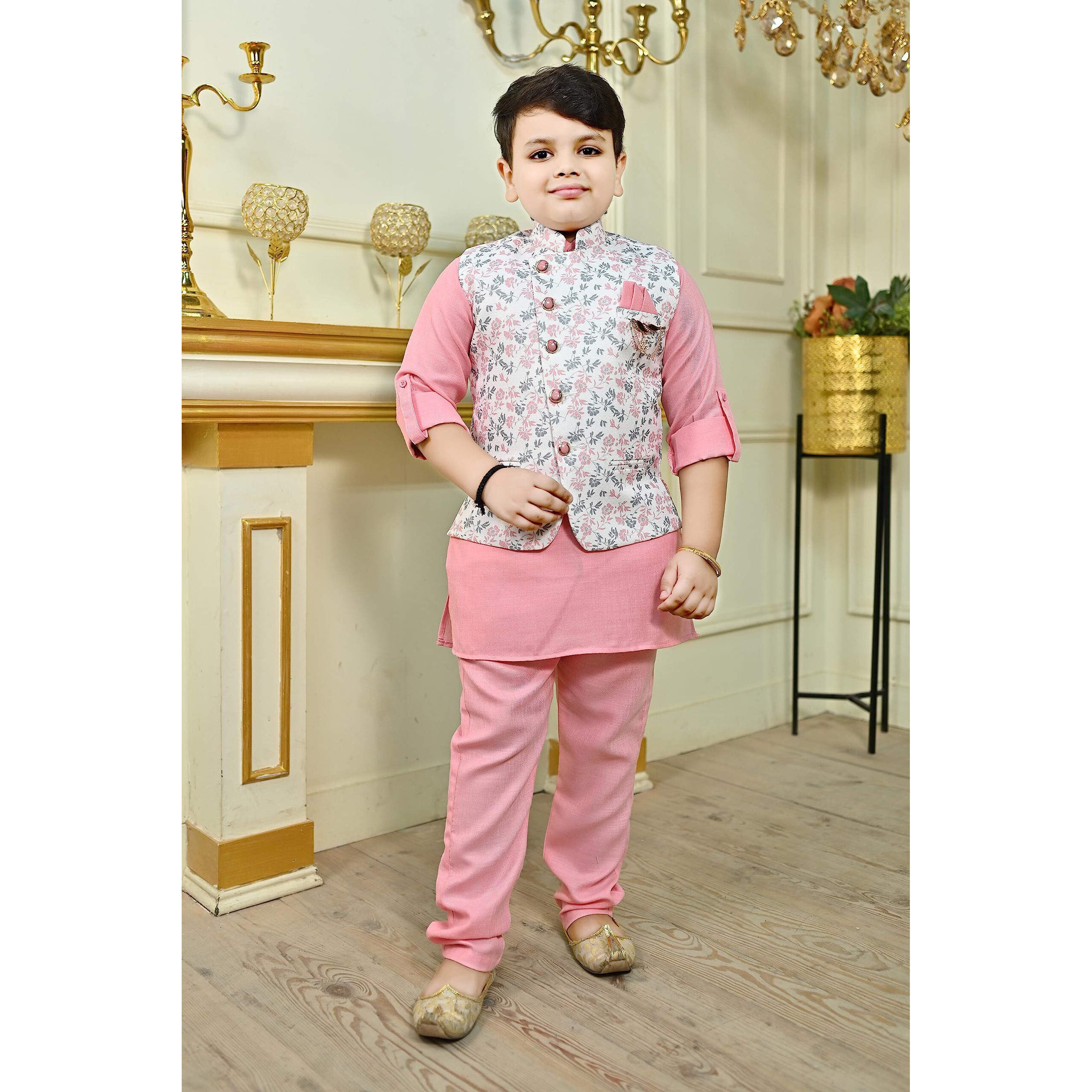 Little Hardy Kids Ethnic Wear Kurta Pyjama And Waistcoat Set For Boys | Stylish Ethnic Wear | 3-Piece Set | Silk And Cotton Blend Fabric (18 Months - 24 Months, Pink)