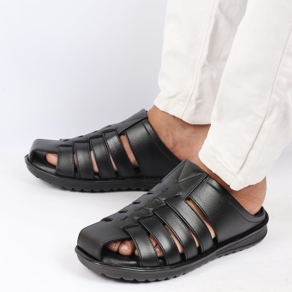 Fausto Fst Fosms-2061 Black-41 Men's Black Genuine Leather Multi Strap Back Open Slip On Closed Toe Dress Sandals (7 Uk)