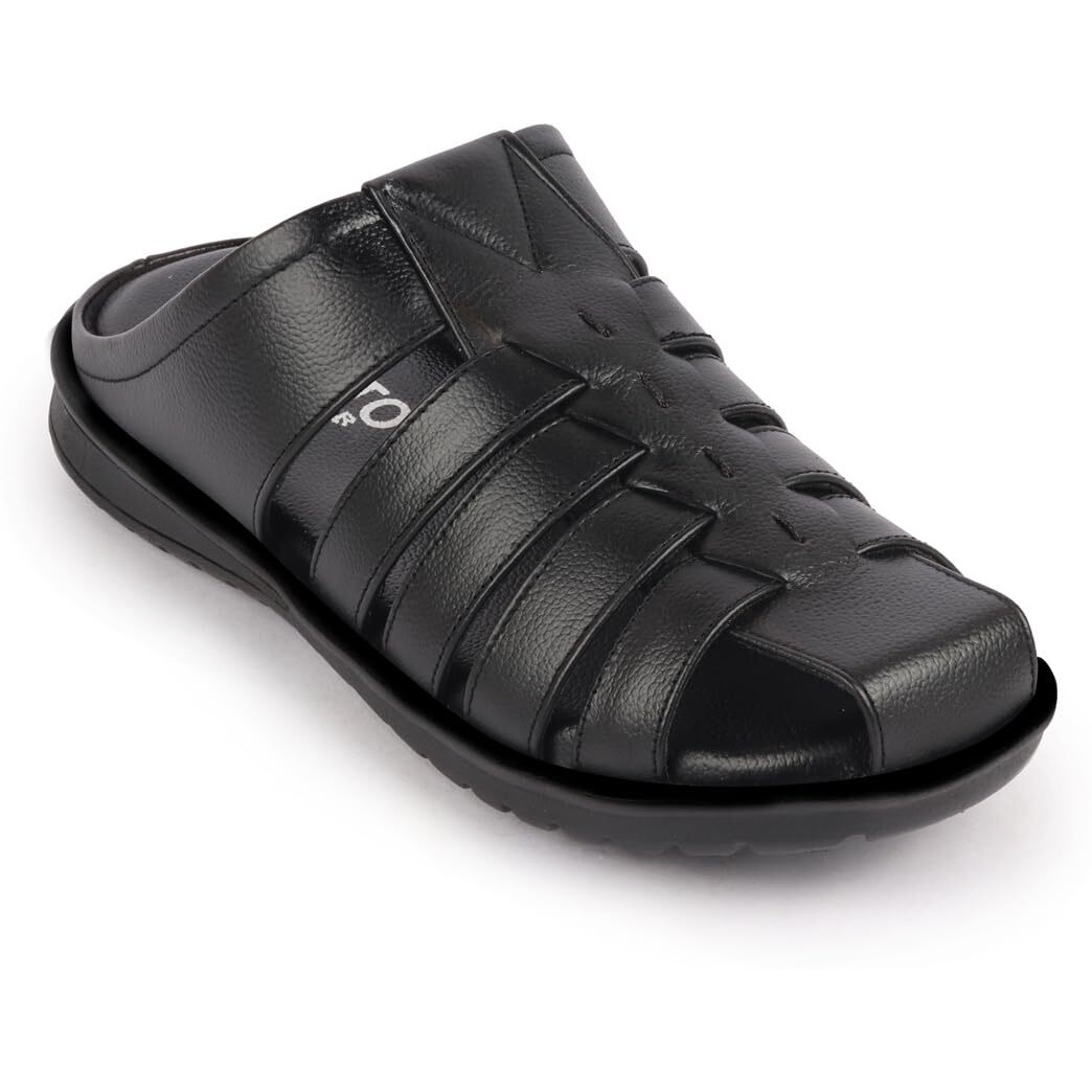 Fausto Fst Fosms-2061 Black-41 Men's Black Genuine Leather Multi Strap Back Open Slip On Closed Toe Dress Sandals (7 Uk)
