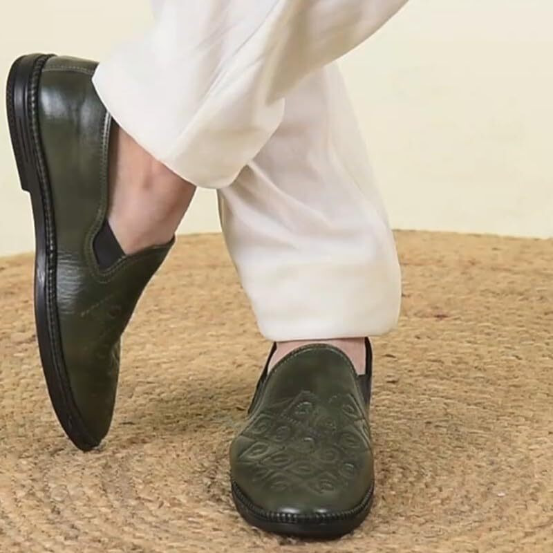 Fausto Fst Fosme-2057 Olive-40 Men's Olive Ethnic Party Wedding Embroidery Floral Side Stitched Prom Slip On Jutis (6 Uk)