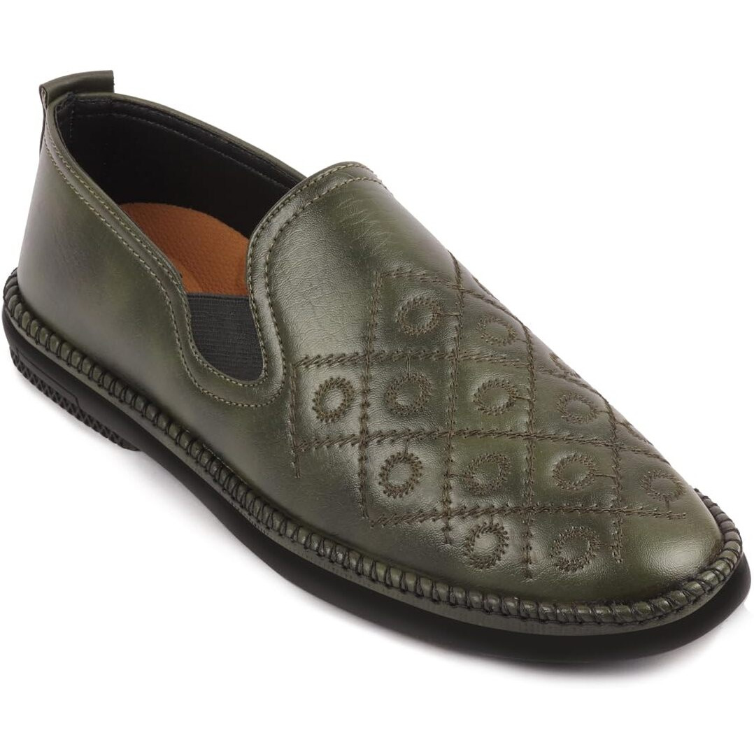 Fausto Fst Fosme-2057 Olive-40 Men's Olive Ethnic Party Wedding Embroidery Floral Side Stitched Prom Slip On Jutis (6 Uk)