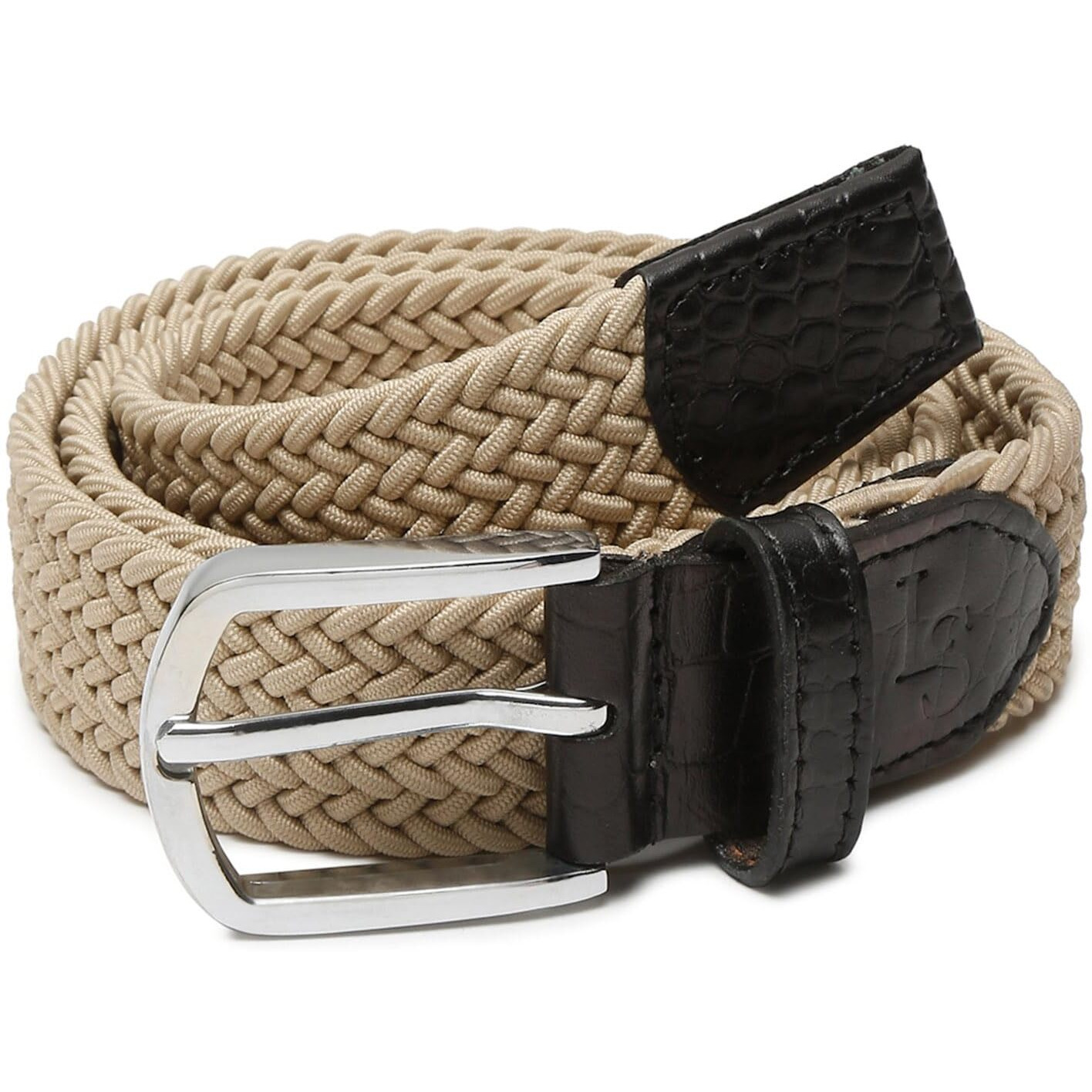 Louis Stitch Men's Sheraton Beige Braided Elastic Stretch Belt With Leather Tipped End Stretchable Canvas Waist Band For Men Women Boys Girls Unisex (26-34 Inch Waist) (Be-El)