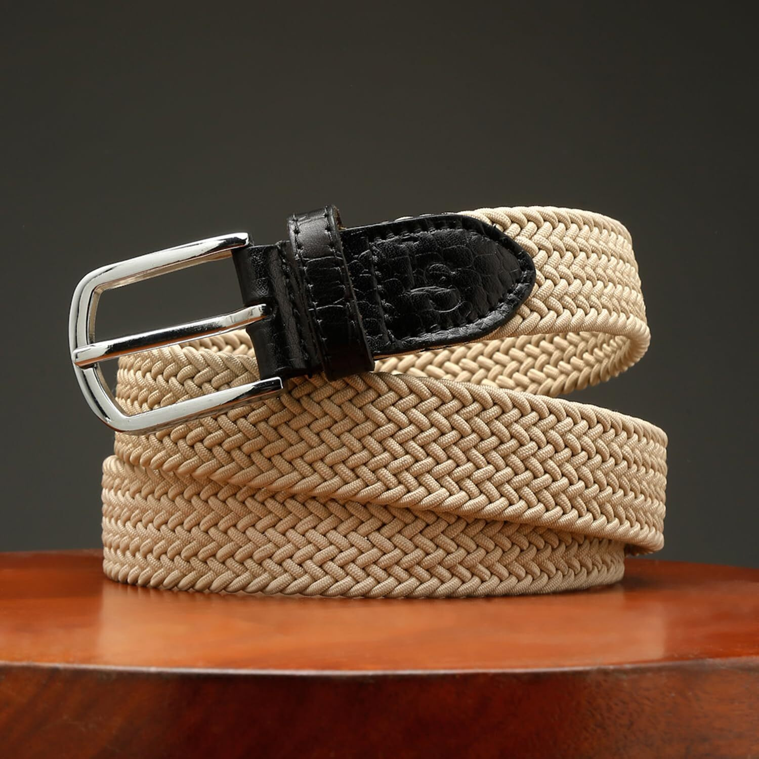 Louis Stitch Men's Sheraton Beige Braided Elastic Stretch Belt With Leather Tipped End Stretchable Canvas Waist Band For Men Women Boys Girls Unisex (26-34 Inch Waist) (Be-El)